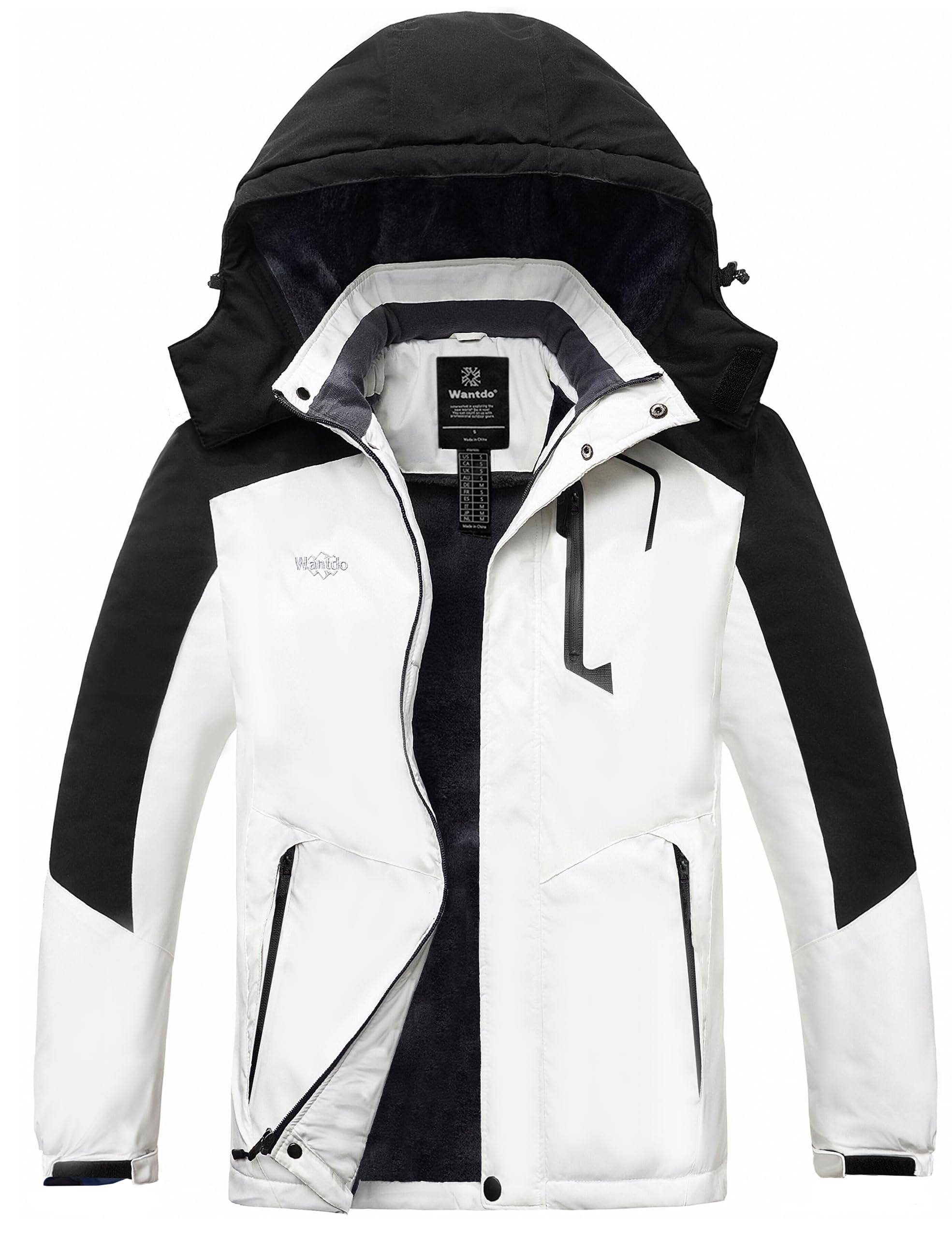 wantdo Men's Mountain Waterproof Ski Jacket Winter Coats White & Black XL