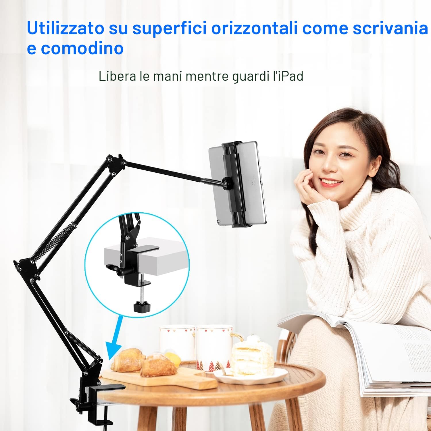 Supporto tablet girevole 360° braccio alluminio per iPad tablet 4,5-12,9 pollici