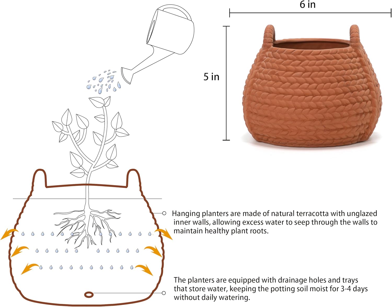 5 Inch Hanging Planter with Macrame Plant Hangers,Set of 2 Clay Hanging Pots for Indoor Outdoor Plants,Small Brown Hanging Flower Baskets with Drainage Hole and Removable Saucer