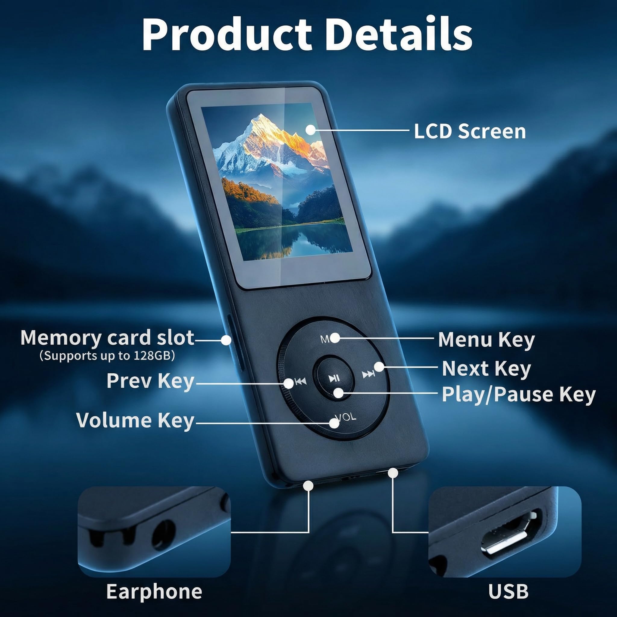 Bluetooth 5.3 MP3 Player mit Lautsprecher, 1,8 Zoll Bildschirm, Verlustfreier HiFi Bluetooth MP3 Player für Kinder und Sport, TF Kartenkompatibel, 70 Stunden Akkulaufzeit, Leicht und Praktisch