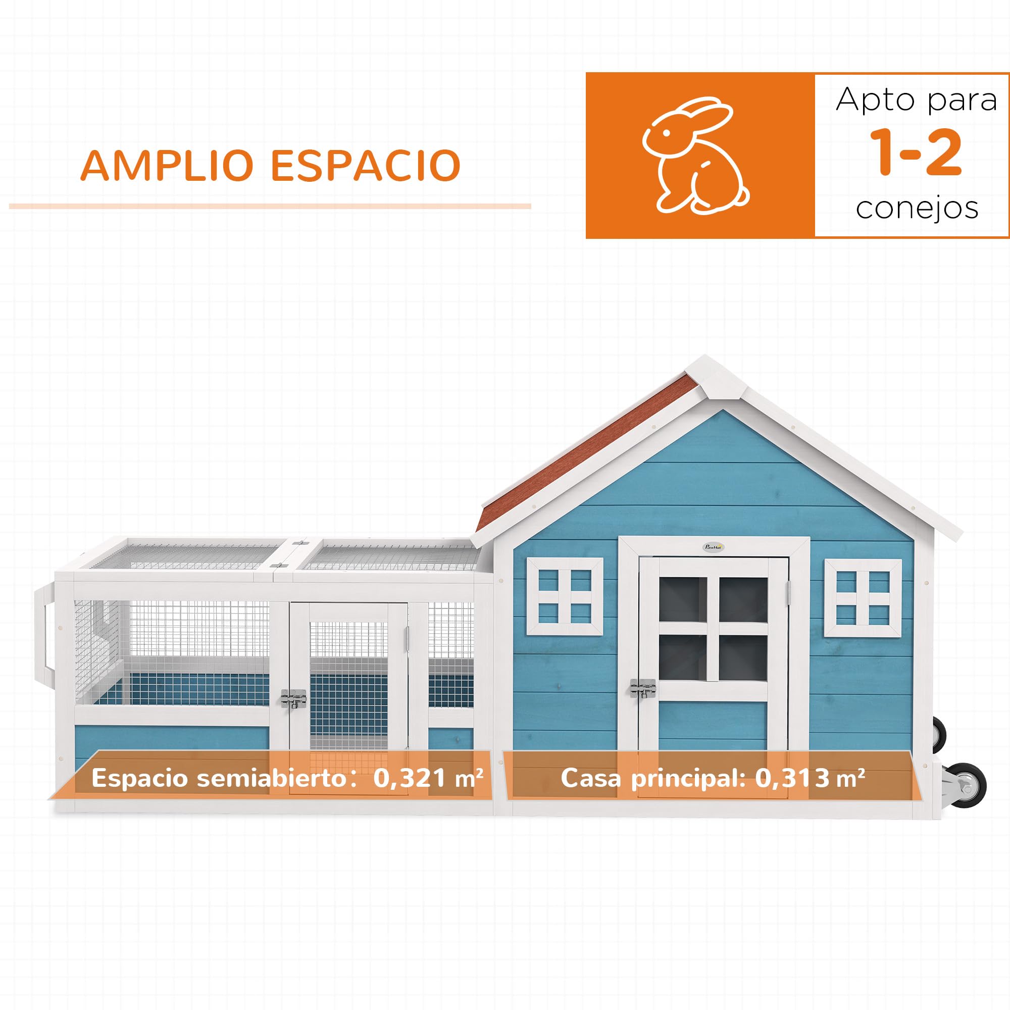 PawHut Conejera Exterior de Madera 162,5x59,2x77,6 cm Jaula para Conejo Casa para Conejos con Ruedas Rampa Ventanas de Decoración Puerta y Techo de Asfalto Azul