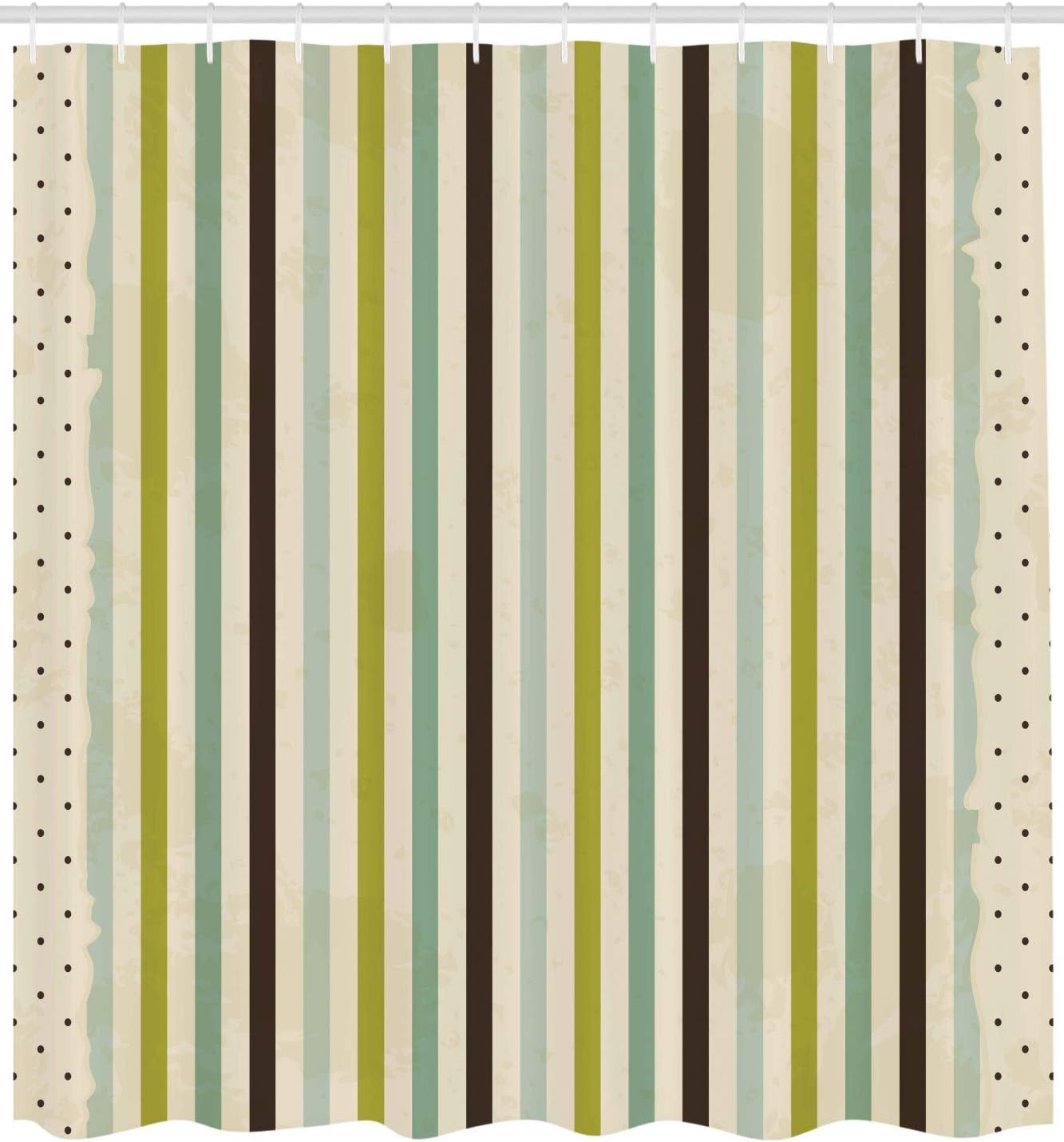 Ambesonne Retro Shower Curtain, A Vintage Toned Polka Dots and Vertical Bands with Abstract Style of a Display Geometric Work of Art, Cloth Fabric Bathroom Set with Hooks, 69" W x 70" L, Olive Green