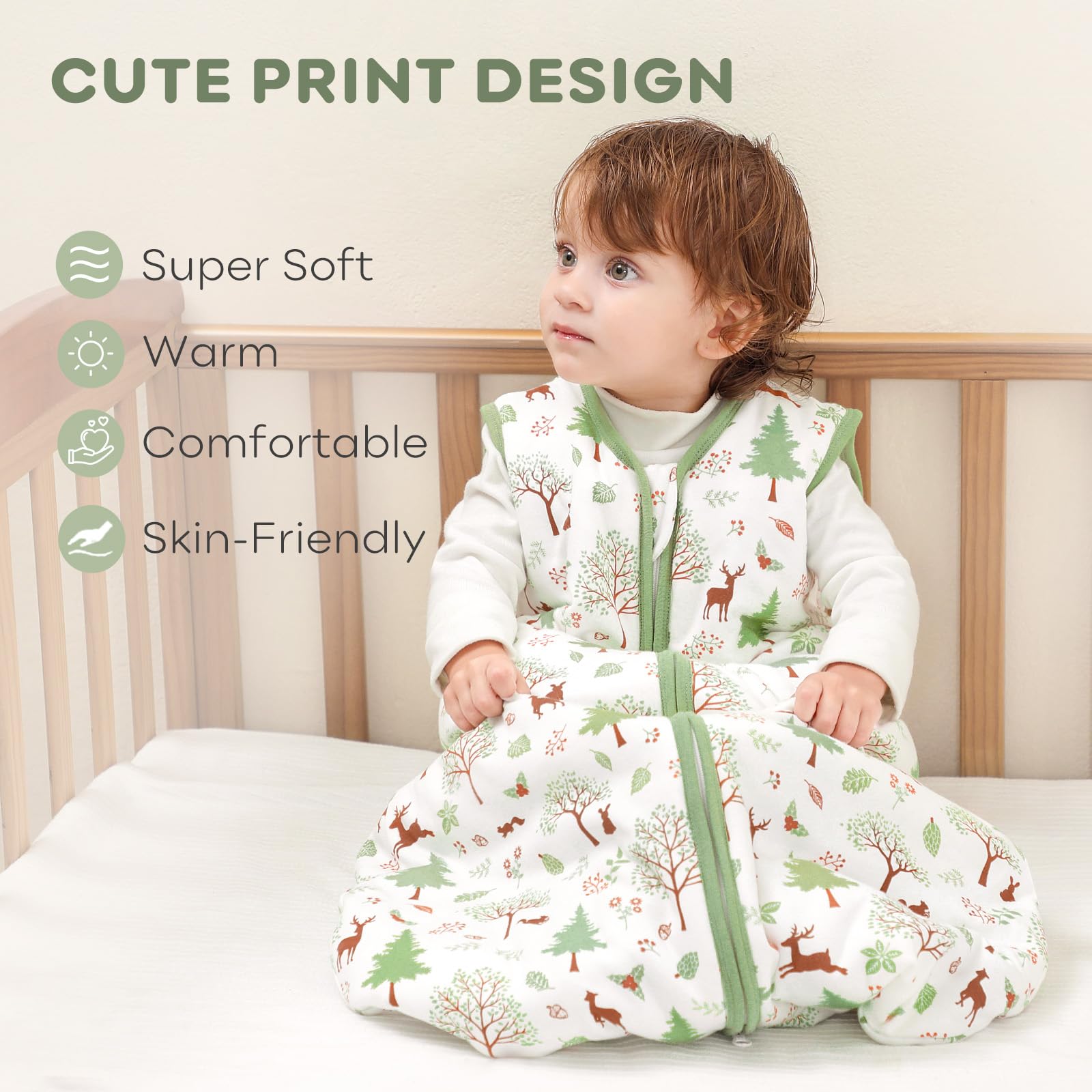 Looxii Baby Sleeping Bag 1.5 Tog Winter Baby Sleep Sack 0-6 Months 100% Cotton Soft Warm Wearable Blanket for Newborn Infant Toddler Boys and Girls Green Forest - Image 3