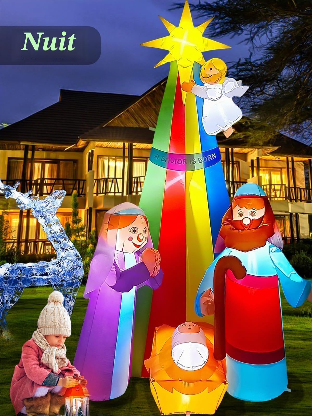 Kalolary Décoration Gonflable de Noël, D'épice Géante avec Lumières LED Intégrées pour Fête, Intérieur, Extérieur, Pelouse, Jardin (Crèche de Noël)