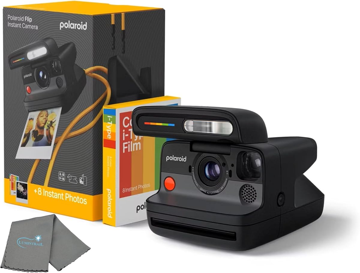 Flip Instant Camera + Color Film Bundle (8 Photos Included) - Black - Hyperfocal 4-Lens System, Sonar Autofocus, and Scene Analysis, Bluetooth Companion App, with Lens Cleaning Cloth