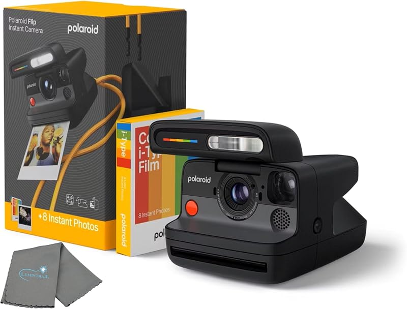 Flip Instant Camera + Color Film Bundle (8 Photos Included) - Black - Hyperfocal 4-Lens System, Sonar Autofocus, and Scene Analysis, Bluetooth Companion App, with Lens Cleaning Cloth