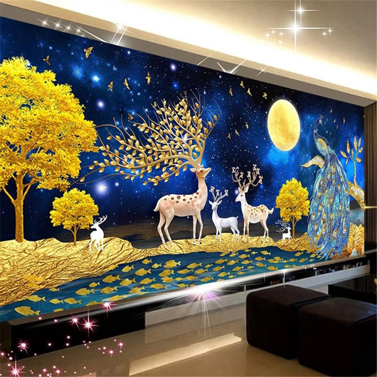 Instarry DIY 5D Diamond Painting Large Size Deer and Peacock Mosaic Crystal Embroidery Living Room Wall Decor 39.4x15.7 inch