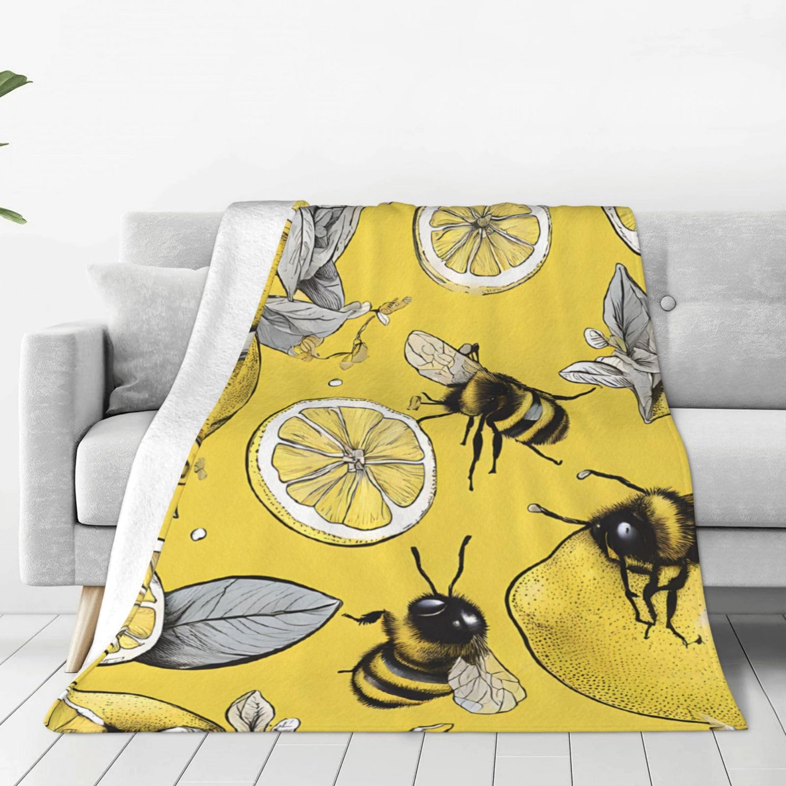 (Yellow Lemon and Bee) Blankets, Throw Blanket for Couch Bed Sofa Cozy Soft Flannel Blanket Office Home Essentials Decor Teacher Gifts - 50"x40"