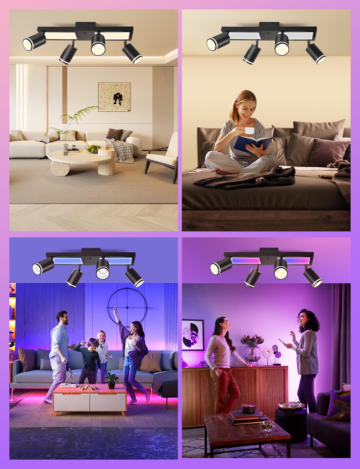 YindaLux Lámpara Techo Focos Giratorios GU10, RGB 30W 3600LM Foco de Techo con Mando a Distancia, Negro Plafón de con 4 Focos con Luz Inferior 10W+4x5W GU10 para Salon