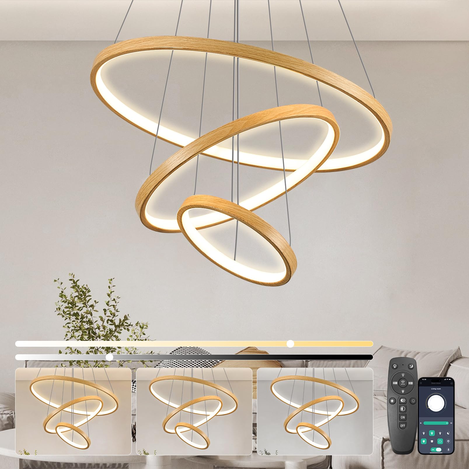 Lámpara de techo salón de diseño geométrico en madera con iluminación LED suspendida