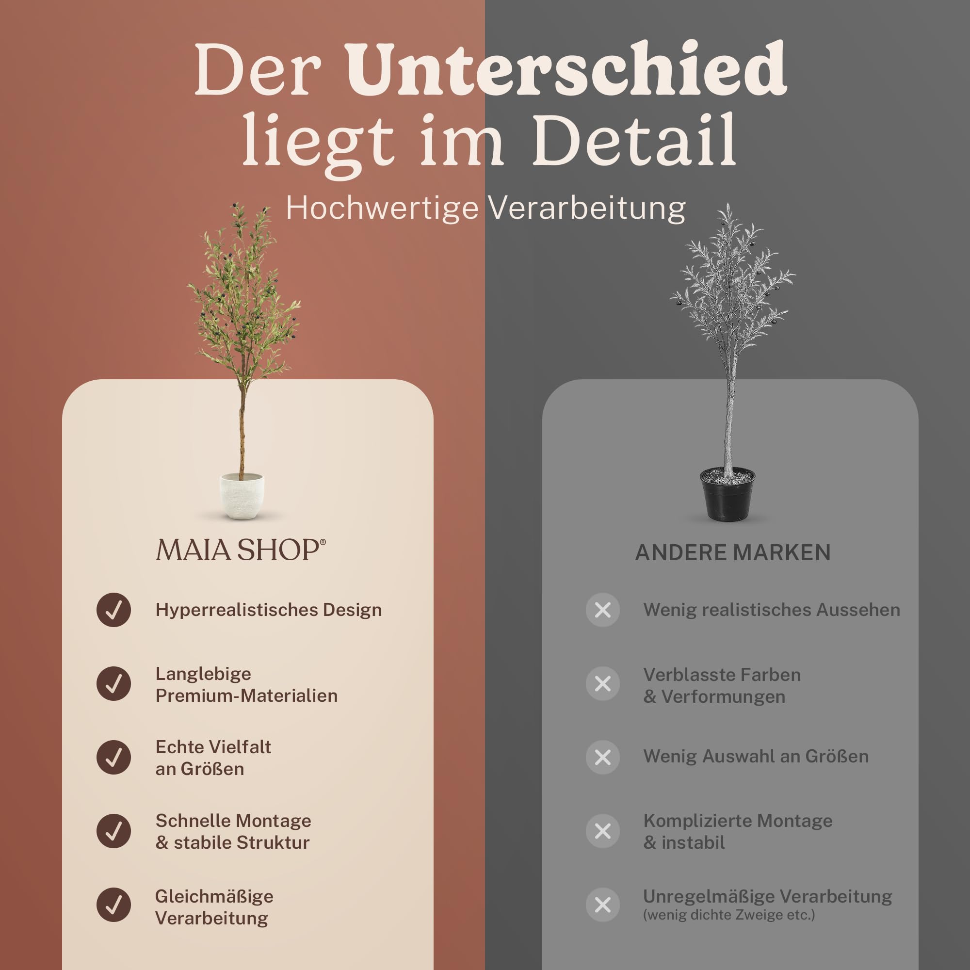 MAIA SHOP Olivenbaum Künstlich Minimal 180 cm - Kunstbaum wie Echt | Künstlicher Olivenbaum mit Naturholzstamm und Oliven für Wohnzimmer Flur Büro - Schwarzer Topf Inklusive