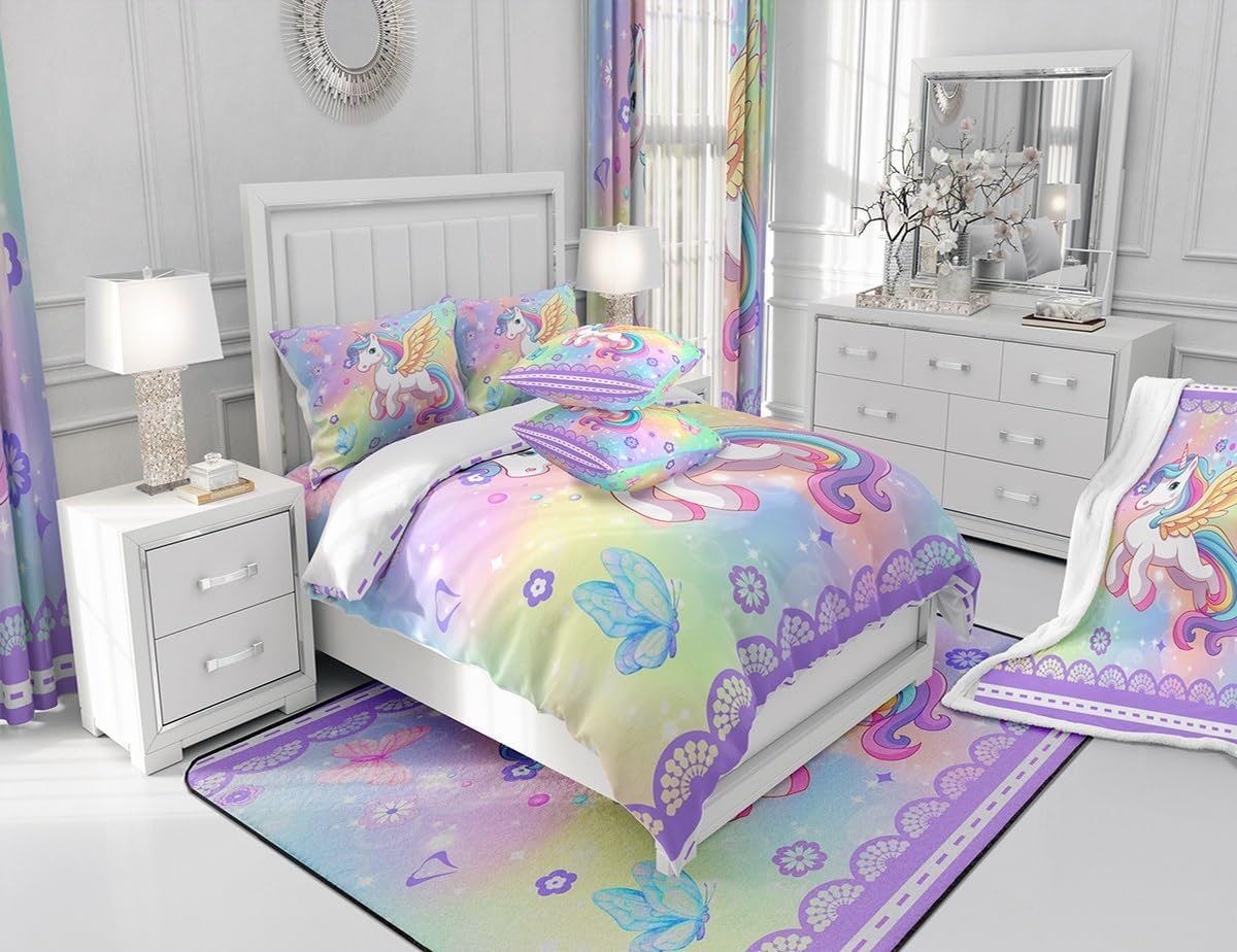Feelyou Unicorn Bedding Set for Kids Butterfly and Flower Comforter Cover Set King Size Multicolor Unicorn Duvet Cover Bedroom Decor Rainbows Purple Galaxy Bedspread Cover Bedding Collection 3Pcs