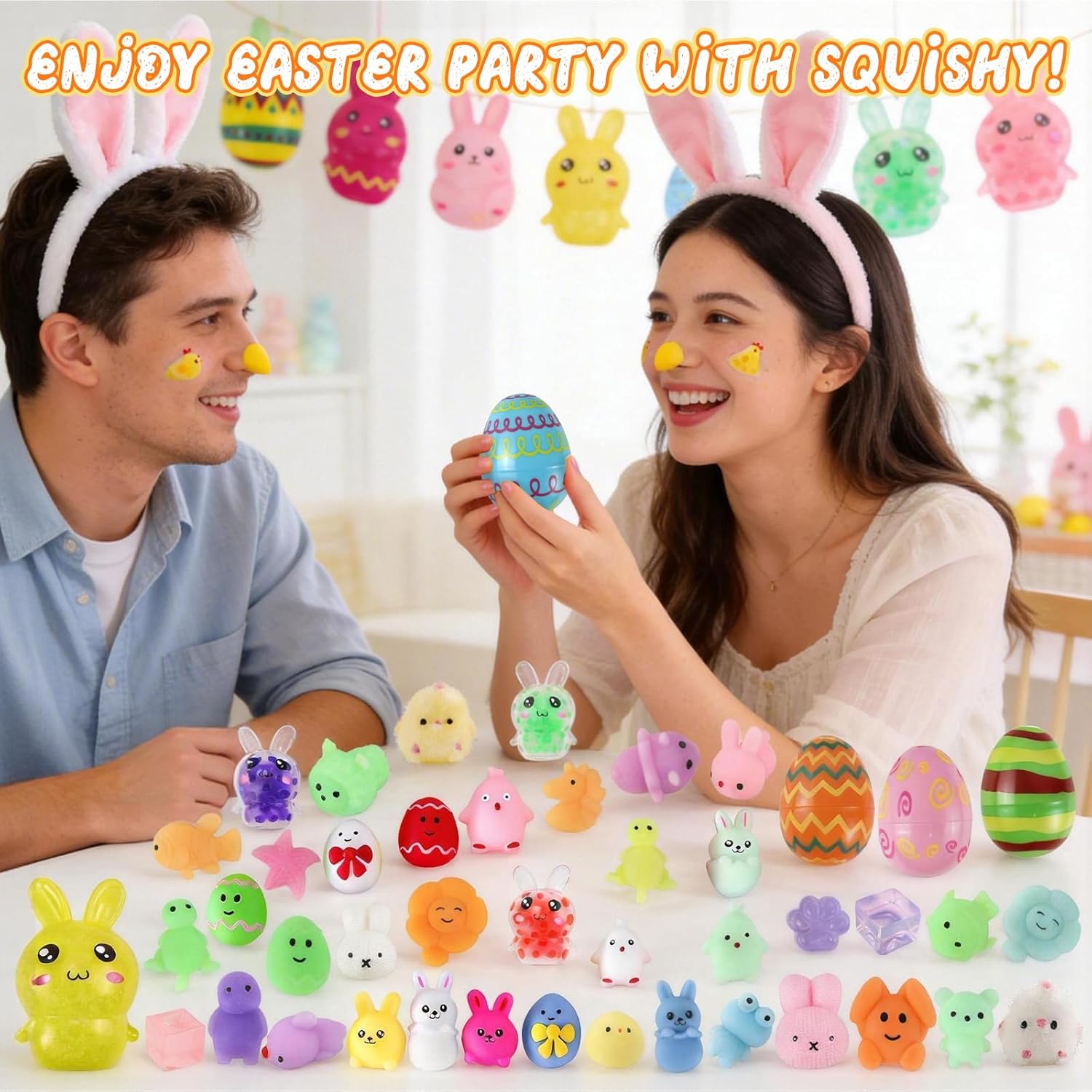 Gytera 60 PCS Easter Squishies Fidget Toys, 24pcs Eggs Shells & Bunny, Hamster, Ice Cubes, Squishies Stress Balls for Stress Relief, Easter Basket Stuffers Easter Gifts