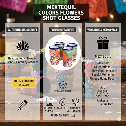 Miniatura 2 de Juego de 4 vasos de chupito Talavera auténticos vasos de chupito de tequila mexicano - Pintados a mano - 2 oz (flores naranjas)