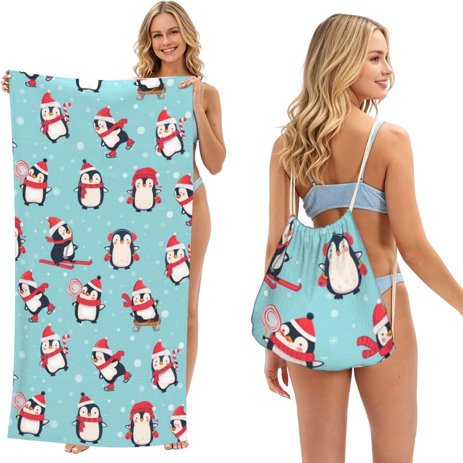 WSHFFILO Winter Christmas Penguins printed 2 in 1 Packable Towel Bag Bath Towel Beach Towel