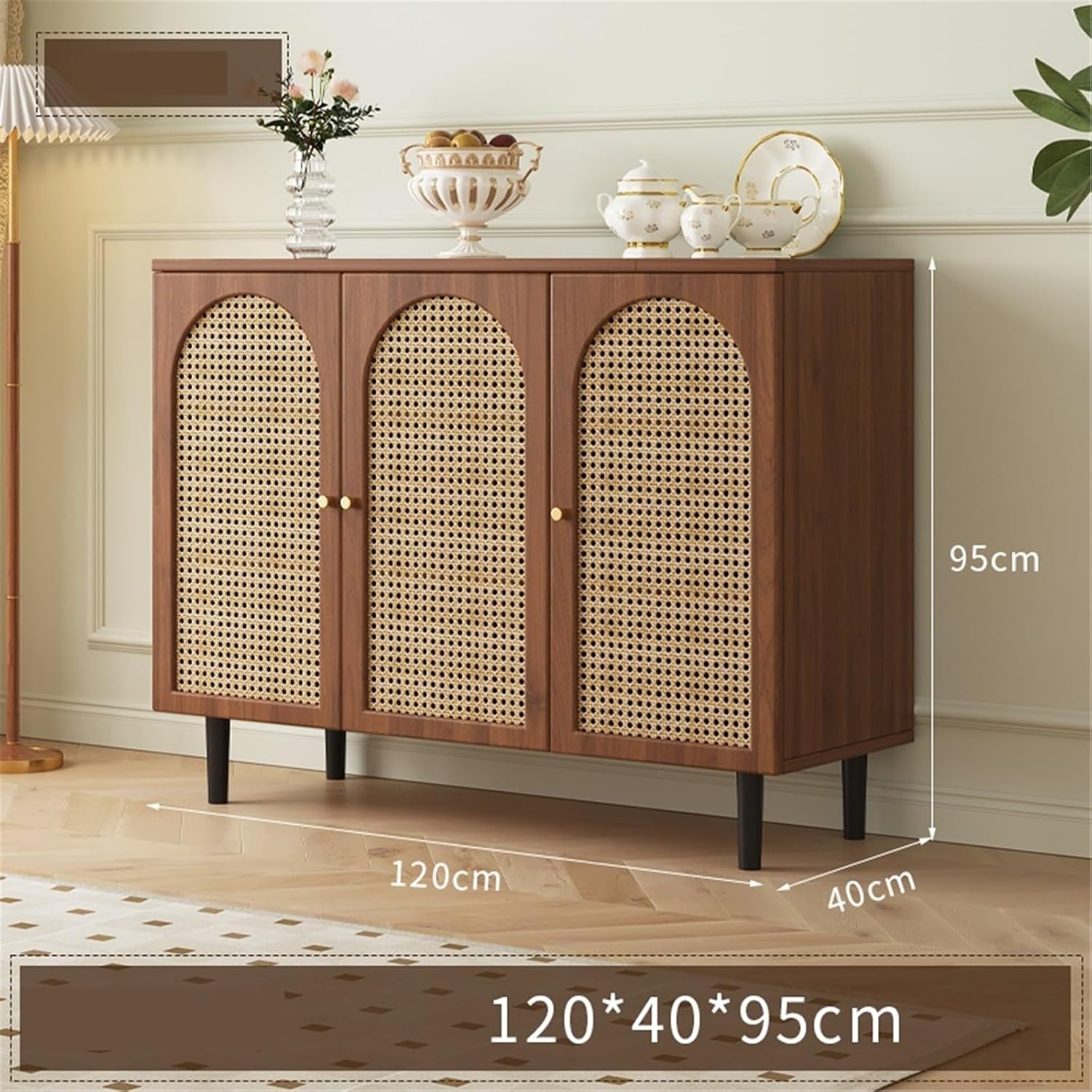 Buffet Cabinet Sideboard Simple Rattan Storage Three-Door Home Restaurant Tea Kitchen 120cm Kitchen Cabinet