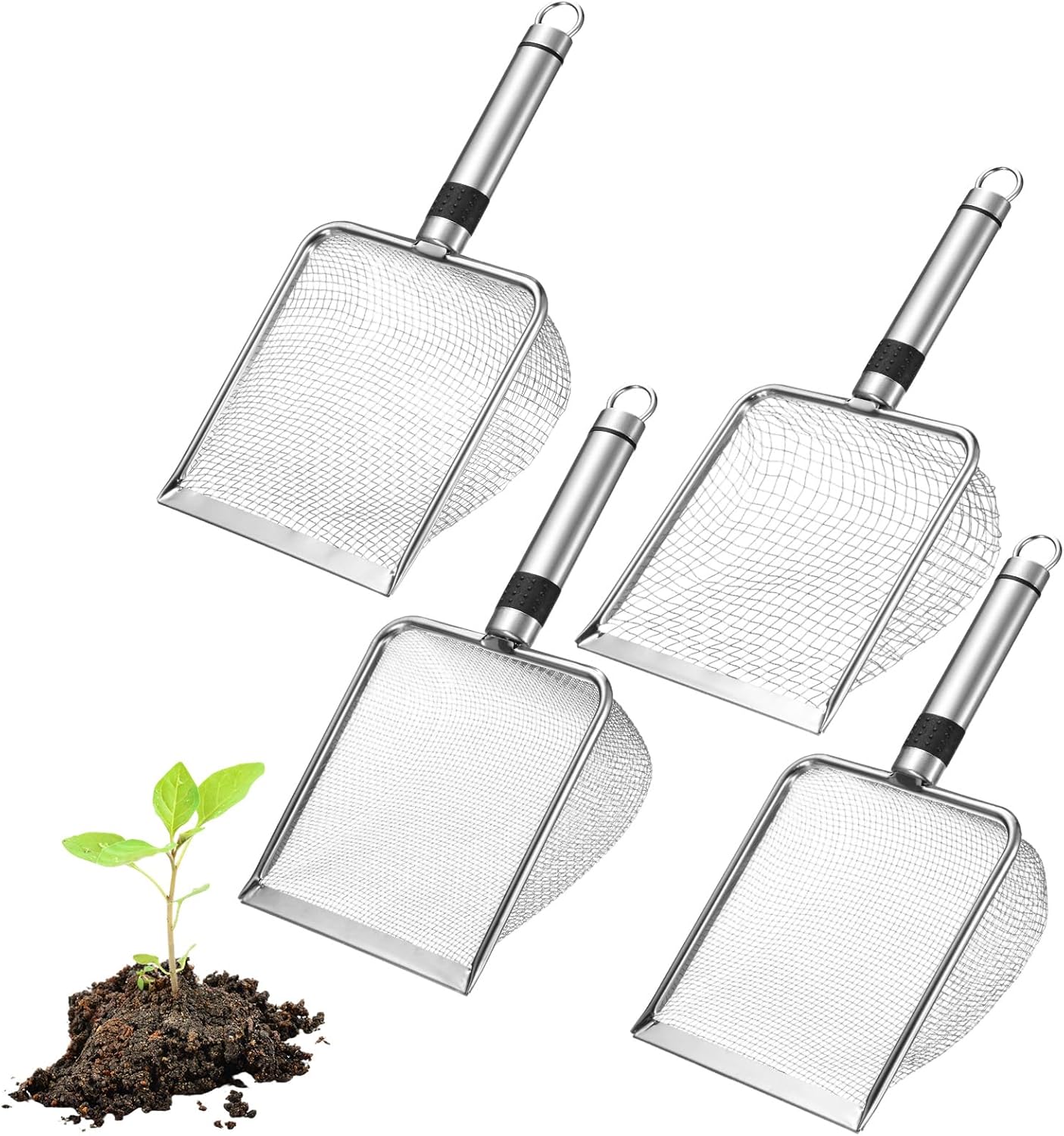 M METERXITY 4-Pack Gardening Soil Sifter, 2/2.8/3.8/5 mm Mesh Stainless Steel Sand Soil Compost Sieve with Stainless Steel Handle for Sand/Dirt/Rock Compost, Screen Potting Scoop [Silver Tone]