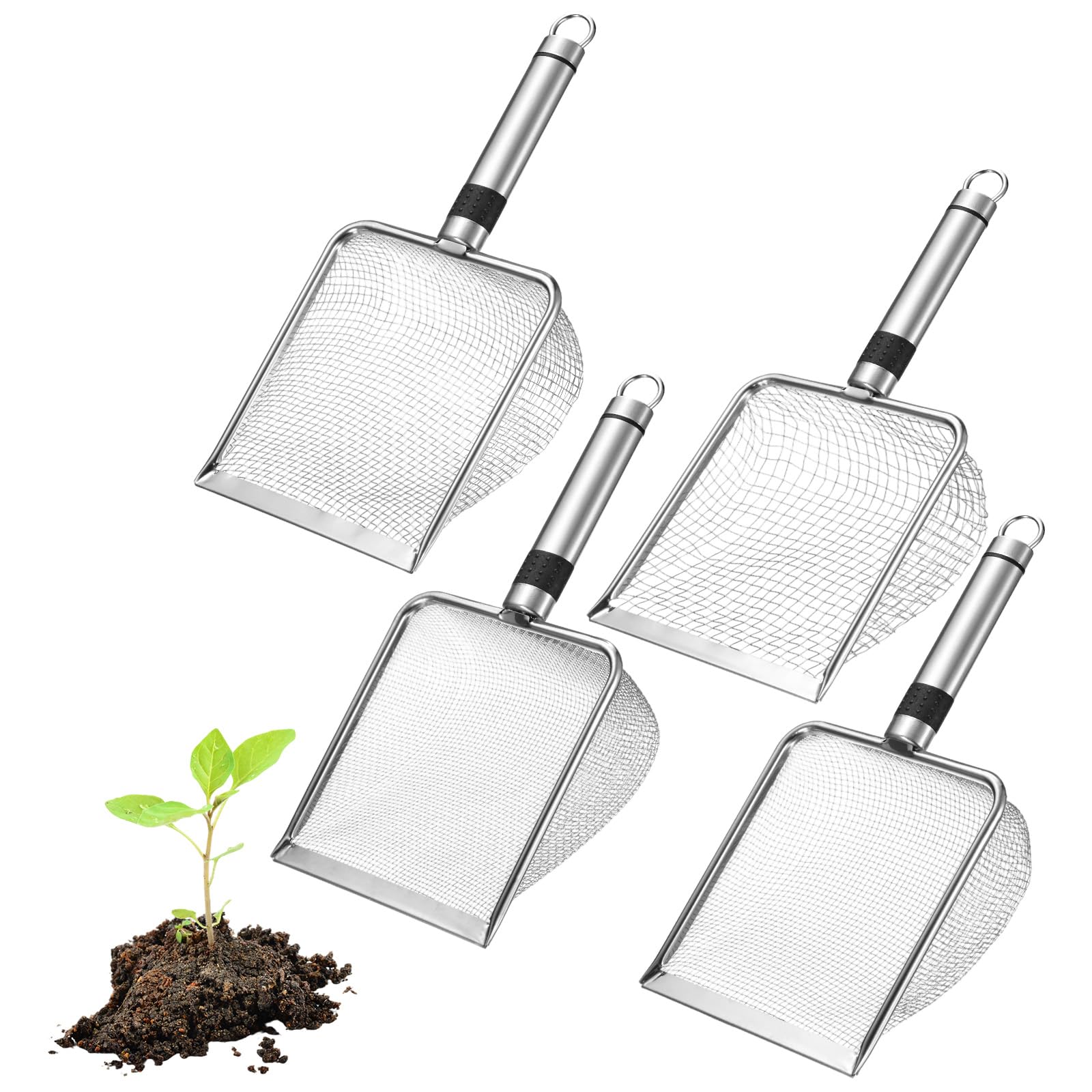 M METERXITY 4-Pack Gardening Soil Sifter, 2/2.8/3.8/5 mm Mesh Stainless Steel Sand Soil Compost Sieve with Stainless Steel Handle for Sand/Dirt/Rock Compost, Screen Potting Scoop [Silver Tone]