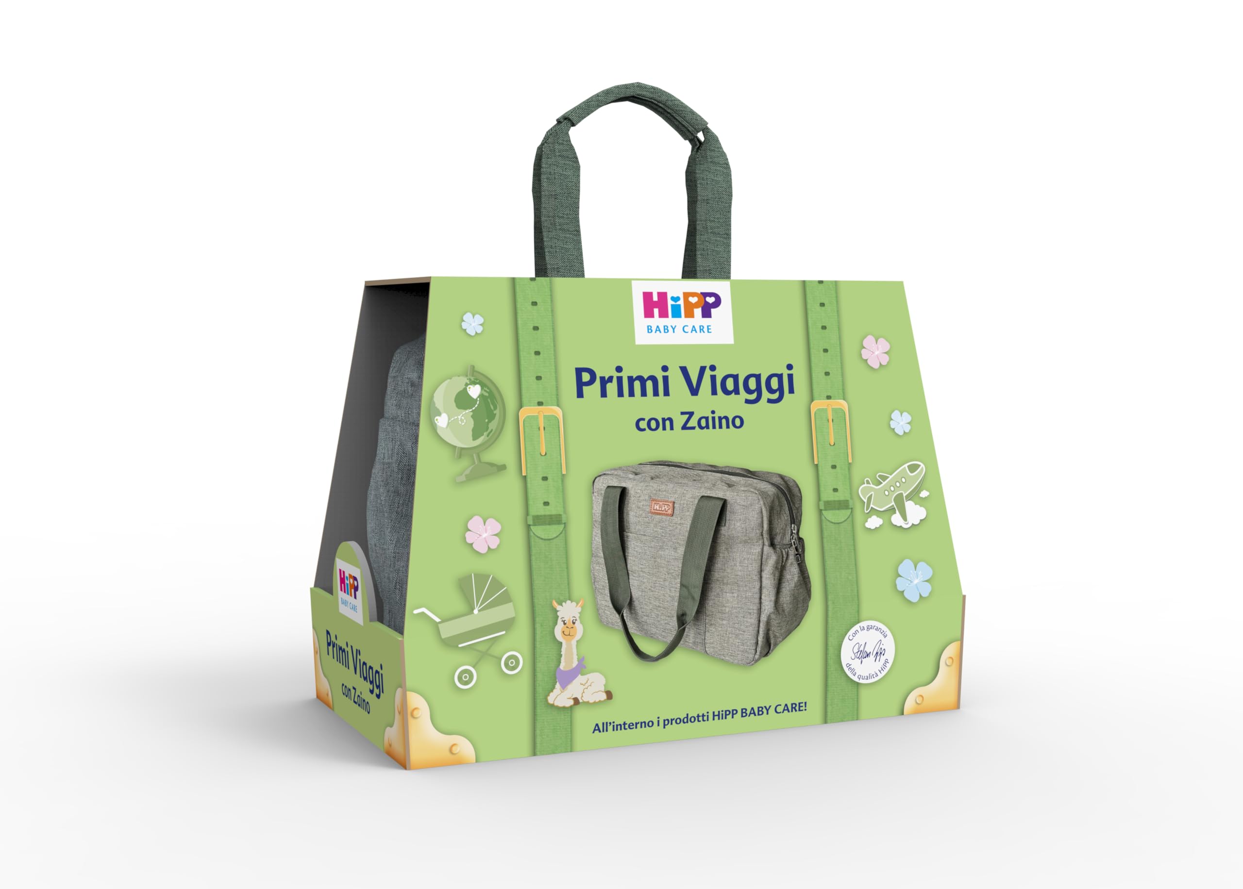 HiPP Baby Care, Cofanetto Primi Viaggi con Latte Idratante 350ml, Bagno Delicato 350ml, Shampoo Delicato 200ml, Salviettine Delicate e Nutrienti 48pz ed un Elegante Zaino Verde