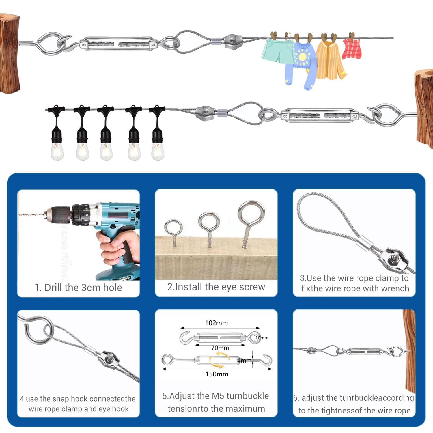 35M Drahtseil Rankhilfe Set 2mm Stahlseil Ummantelt Langlebiges Stahlseil-Set mit Seilspanner,Drahtseilklemme, Stahlseil ummantelt für Kletterpflanzen,Gardinen,Beleuchtung und String Light Hanging