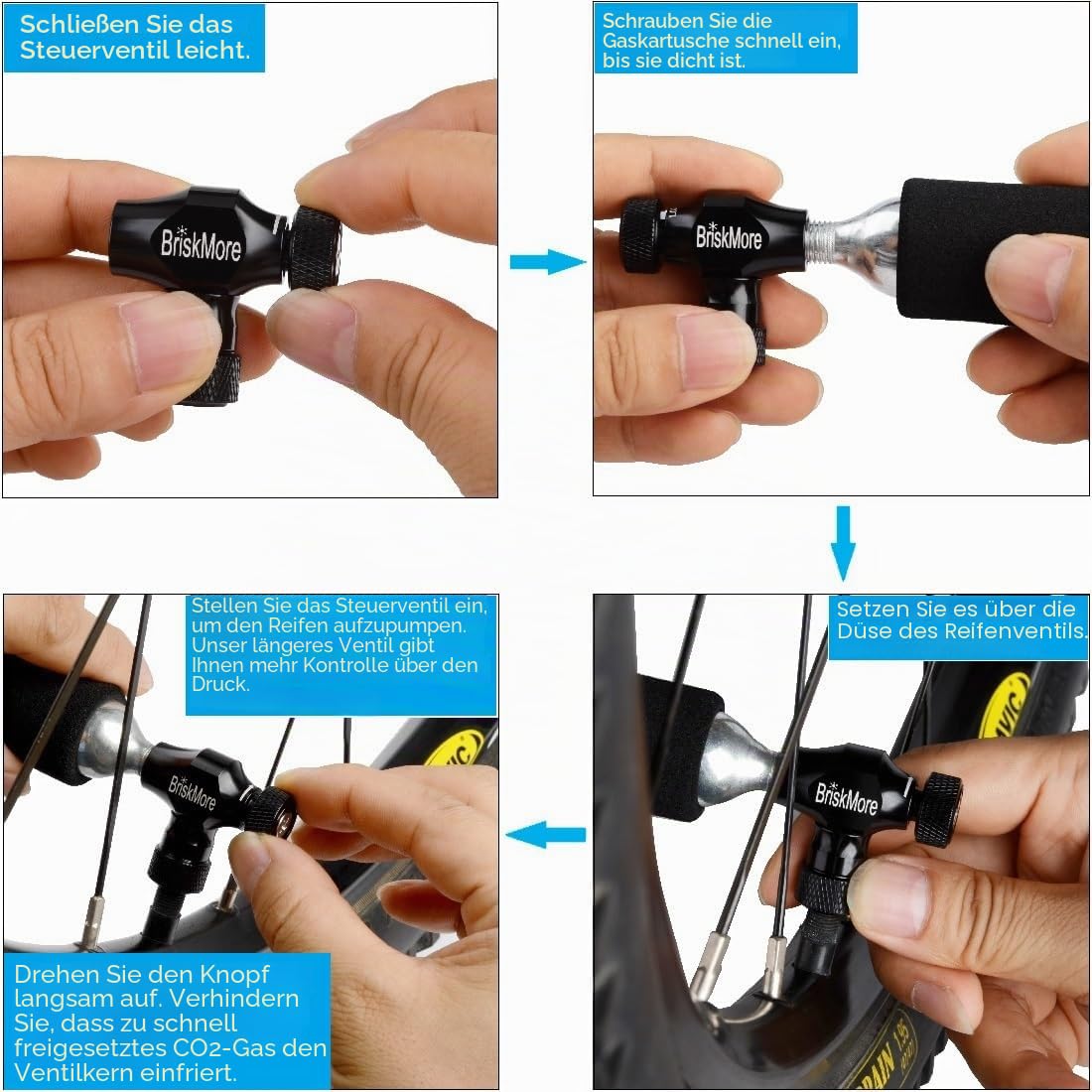 BriskMore CO2 Inflator Kit für Fahrradreifen, Presta- und Schrader-Ventil kompatibel, Fahrradreifenpumpe für Mountain- und Rennräder, inklusive Isoliermanschette
