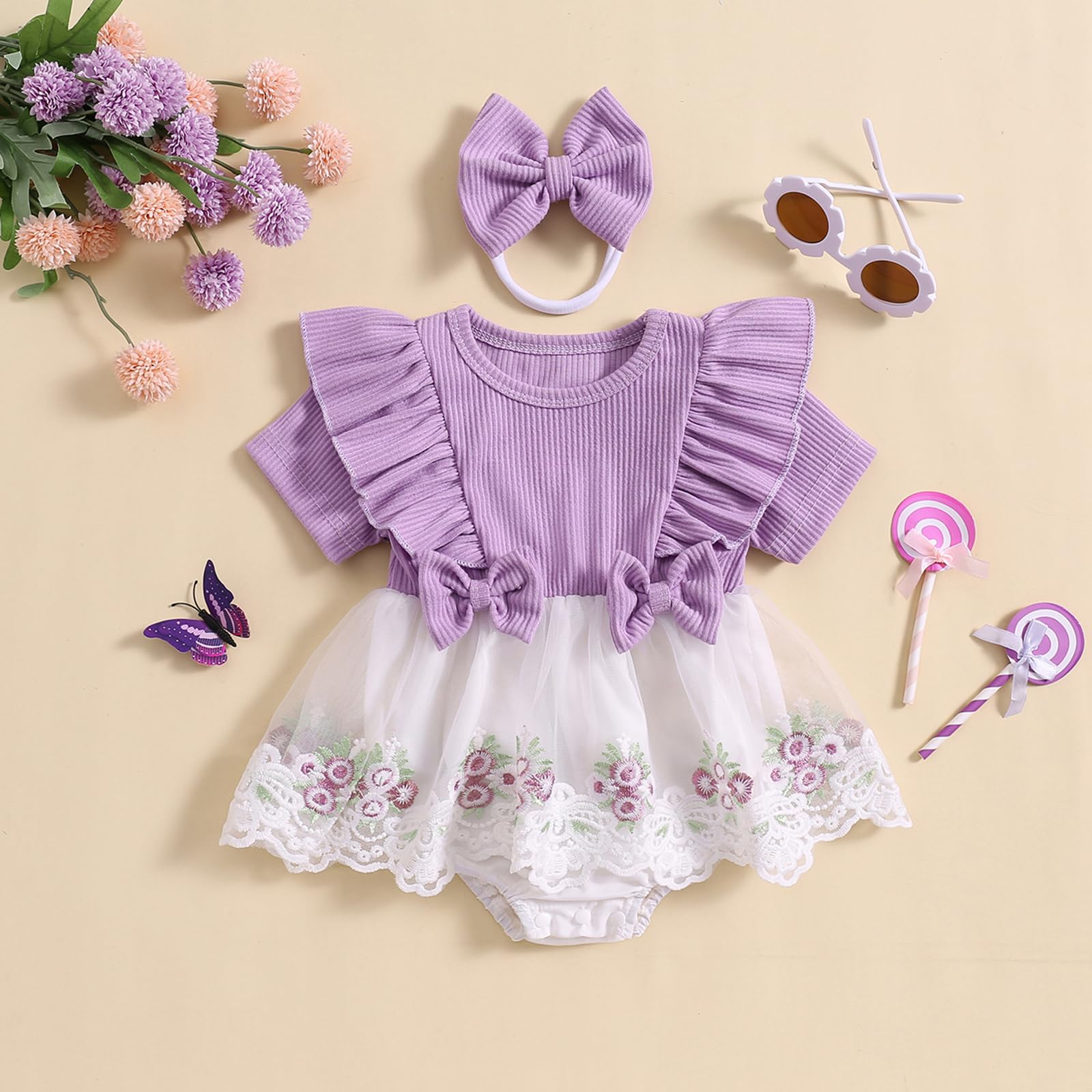 KMBANGI Newborn Baby Girls Romper Dress Flower Embroidery Ruffle Short Sleeve Crew Neck Tulle Jumpsuits Bow Headband Summer (Purple, 0-3 Months)