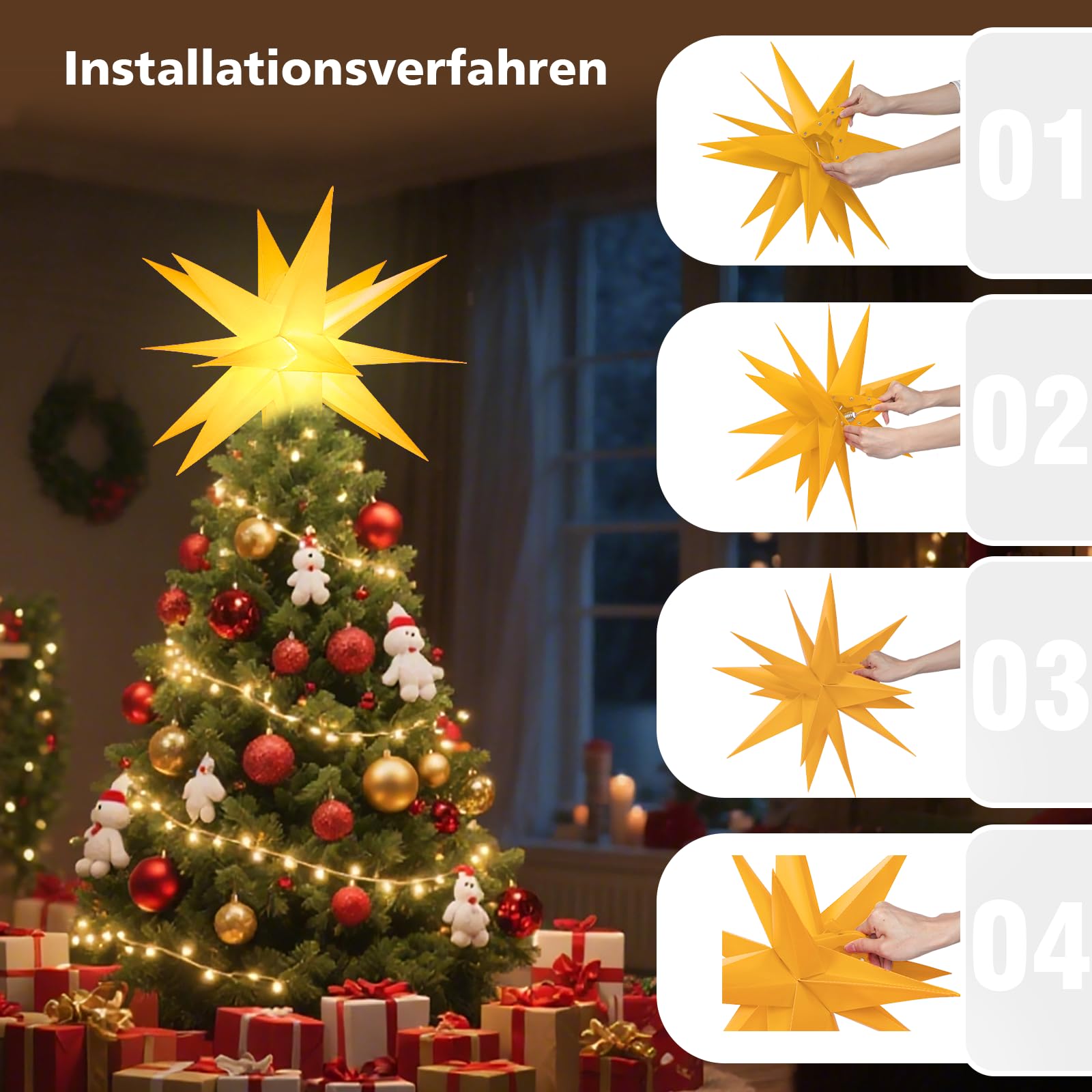 Sky angle Étoile de Noël lumineuse 3D - Batterie avec minuterie - Pour fenêtre - 45 cm - Pour décorer le sapin de Noël - LED jaune - Pour cour, balcon et jardin