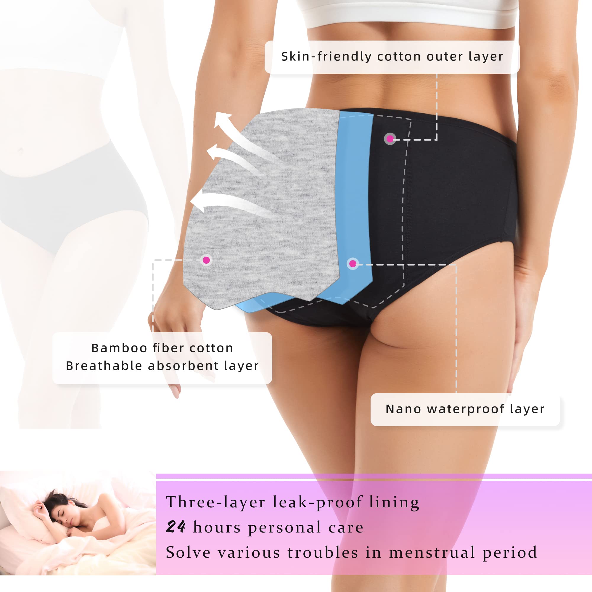 HATSURE Bielizna menstruacyjna dla kobiet, szczelne bawełniane majtki menstruacyjne na noc (wielopak)