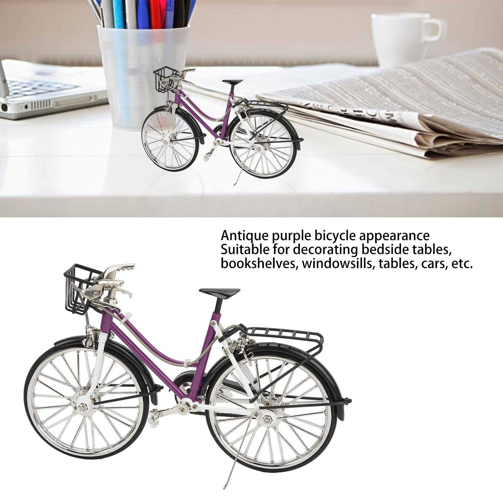 Metal Bike Model, Vintage Mini Bike Crafts Art Ornaments Desktop Alloy Purple Bike Figurines Miniature for Home Decoration