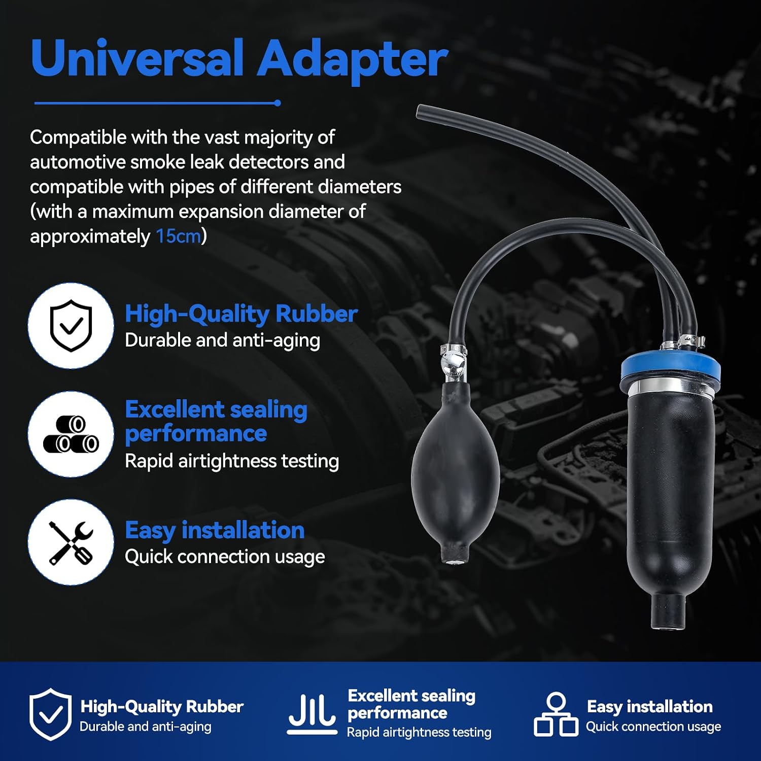 Universal Automotive Smoke Machine Inflatable Bladder, Easy Intake Adapter, Fits 0.8-5.2 Inch (20-130mm) Pipes, Universal Adapter for 12V Vehicle Fuel & Water Leak Detector Diagnostic Tester