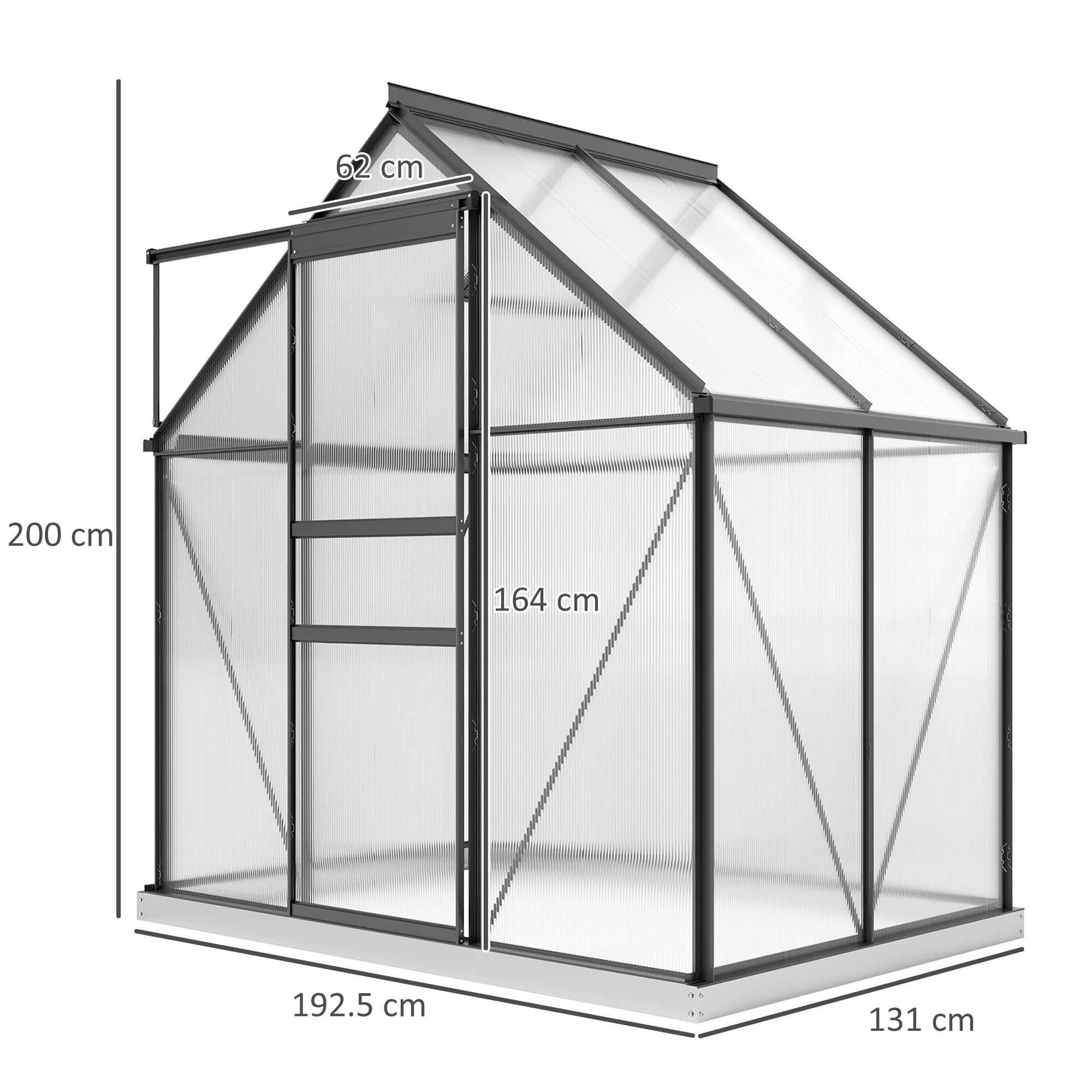 Outsunny Serre de jardin en polycarbonate avec cadre en alliage d'aluminium 2.5㎡, serre pour jardin avec fondation, gouttières, fenêtre de toit réglable, porte battante, pour plantes, anti-UV, gris