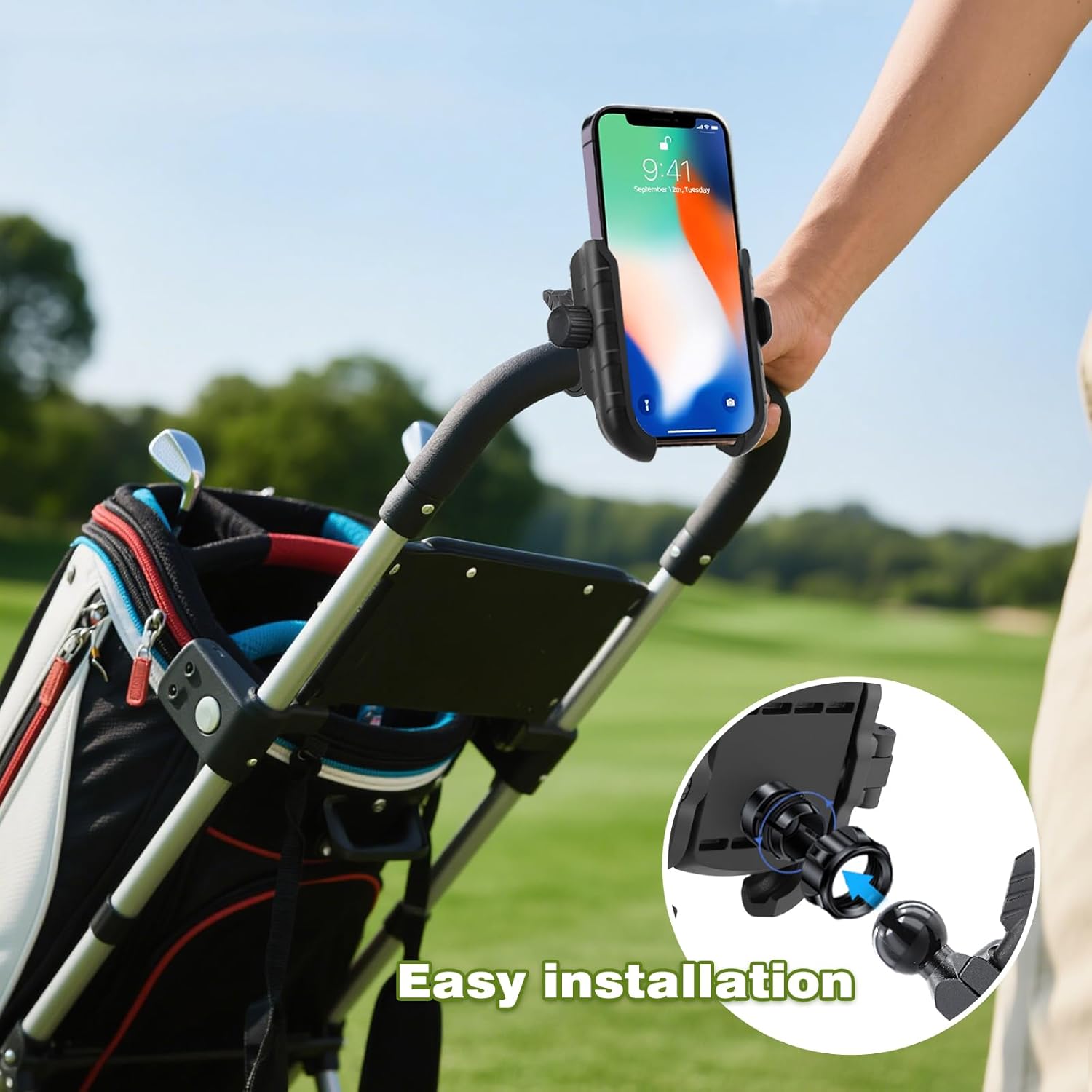 Golf Push Cart Phone Holder, Scooter Phone Mount, Stroller Phone Holder, Bike Phone Mount for All Phone Compatible with CaddyTek, Bag Boy, Clicgear, Sun Mountain, Baby Trend, Gaggle & More