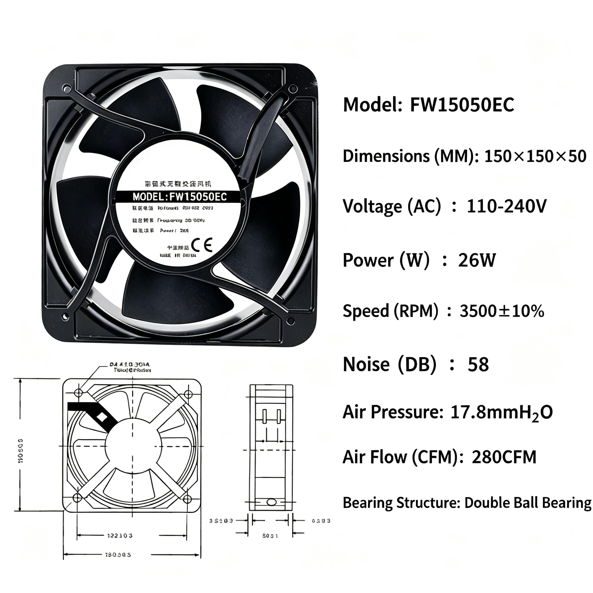 FW15050EC - Ventilador de refrigeración axial de CA de 150 mm, 150 x 150 x