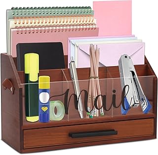 Wood Desk Organizer with Drawer, Bill Mail Organizer Countertop Workspace Organizers for Office Supplies Desk Organization Letter Holder
