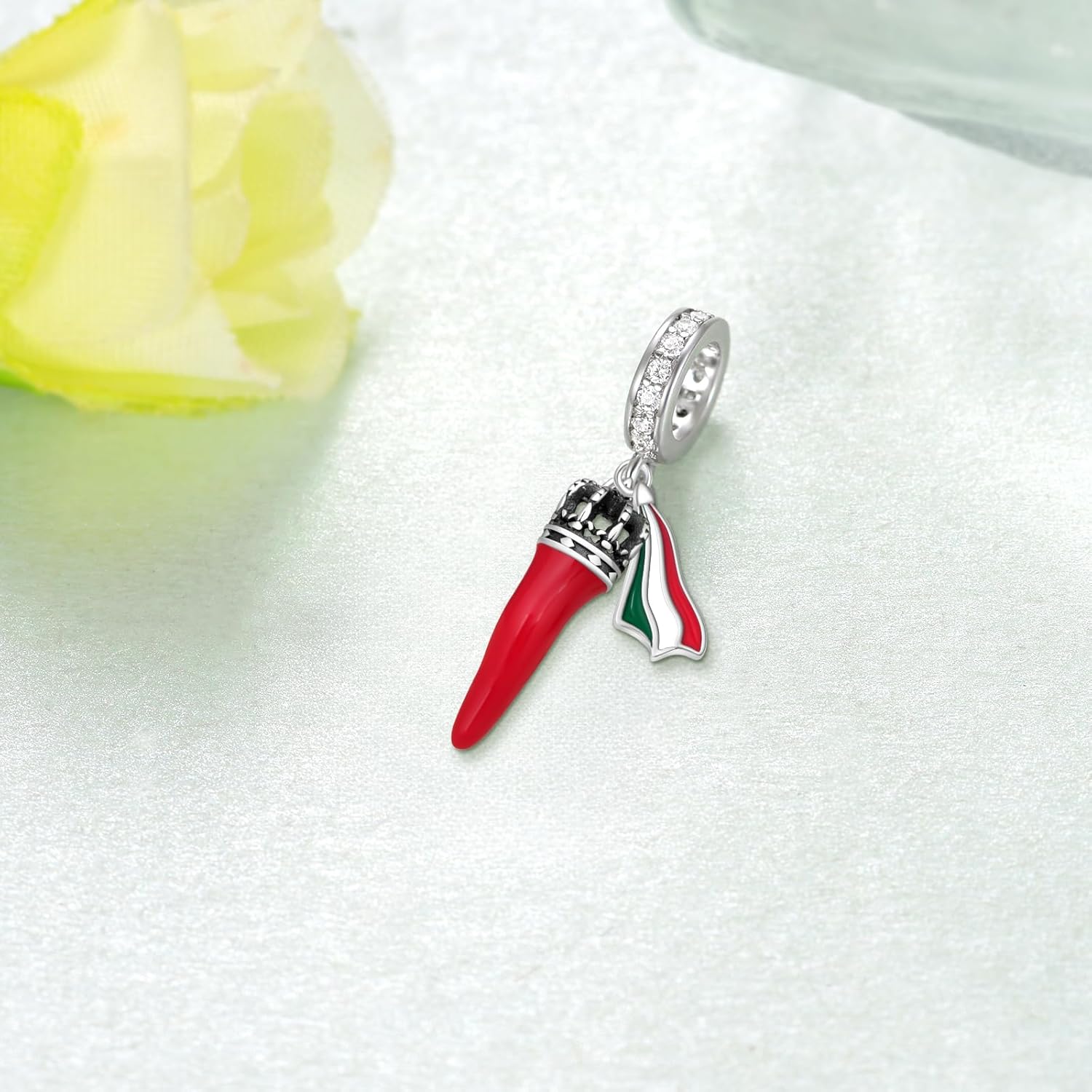 Italian Luck Charm - 925 Sterling Silver Red Italian Horn Charm Pendant, Cornicello Chili Pepper Dangling Bead - Image 3