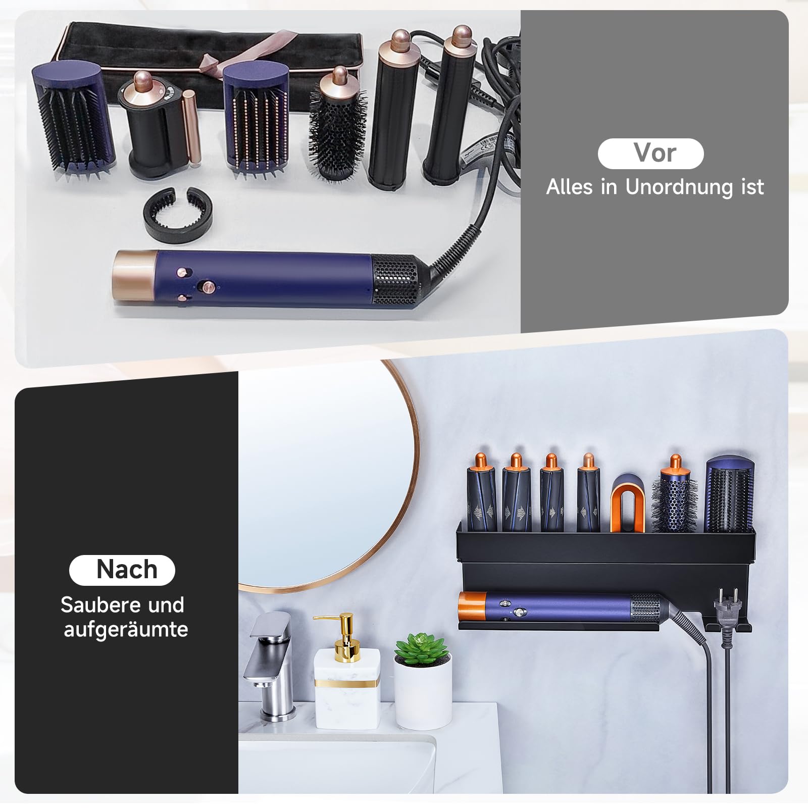 YYBO Supporto Asciugacapelli da Parete, Porta Phon da Muro Adesivo per Asciugacapelli Accessori Styler Curling Device, Porta Phon e Piastra per Camera da Letto, Bagno (Nero)