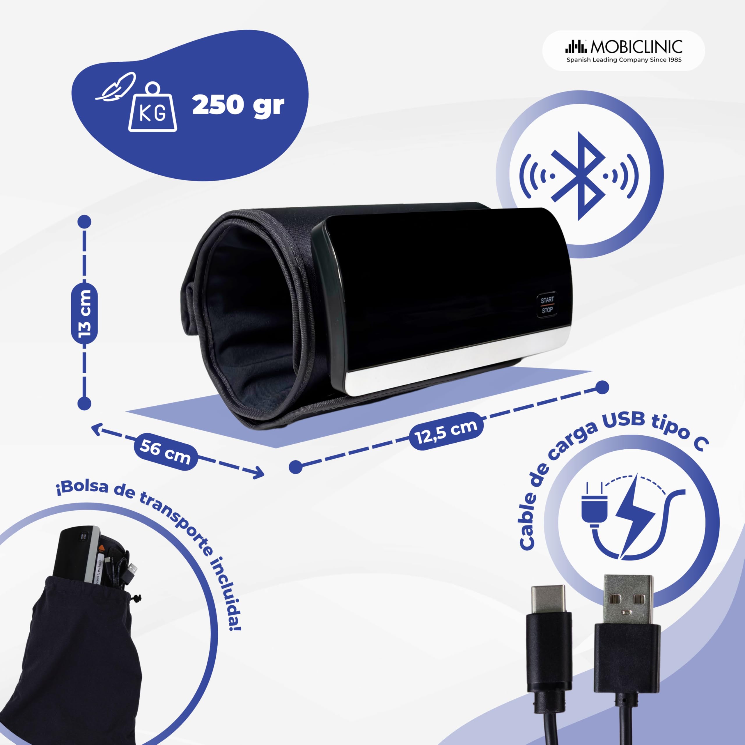 Mobiclinic®, Tensiómetro de Brazo, Digital, Conexión Bluetooth y APP, Guía por Voz, 50 Memorias, Detección de Movimiento, Carga USB, Preciso, Cardiomed