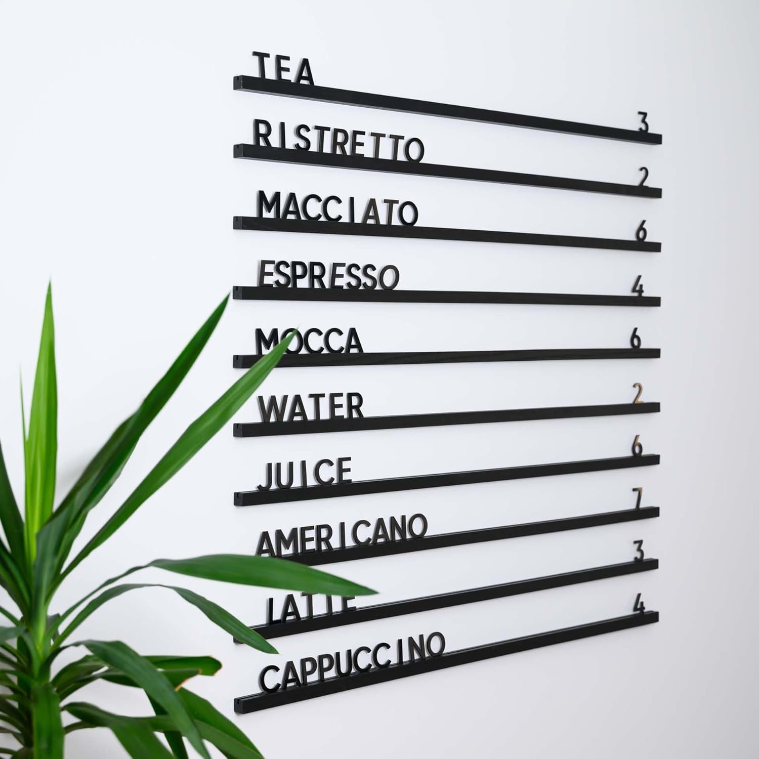 Inko Horeca Wooden Wall Letter Board - Set of 10 Black Oak Rails + 400 Changeable Black Letters - Floating Wall Menu Display Shelf for Cafe, Bar, Kitchen, and Home Decor