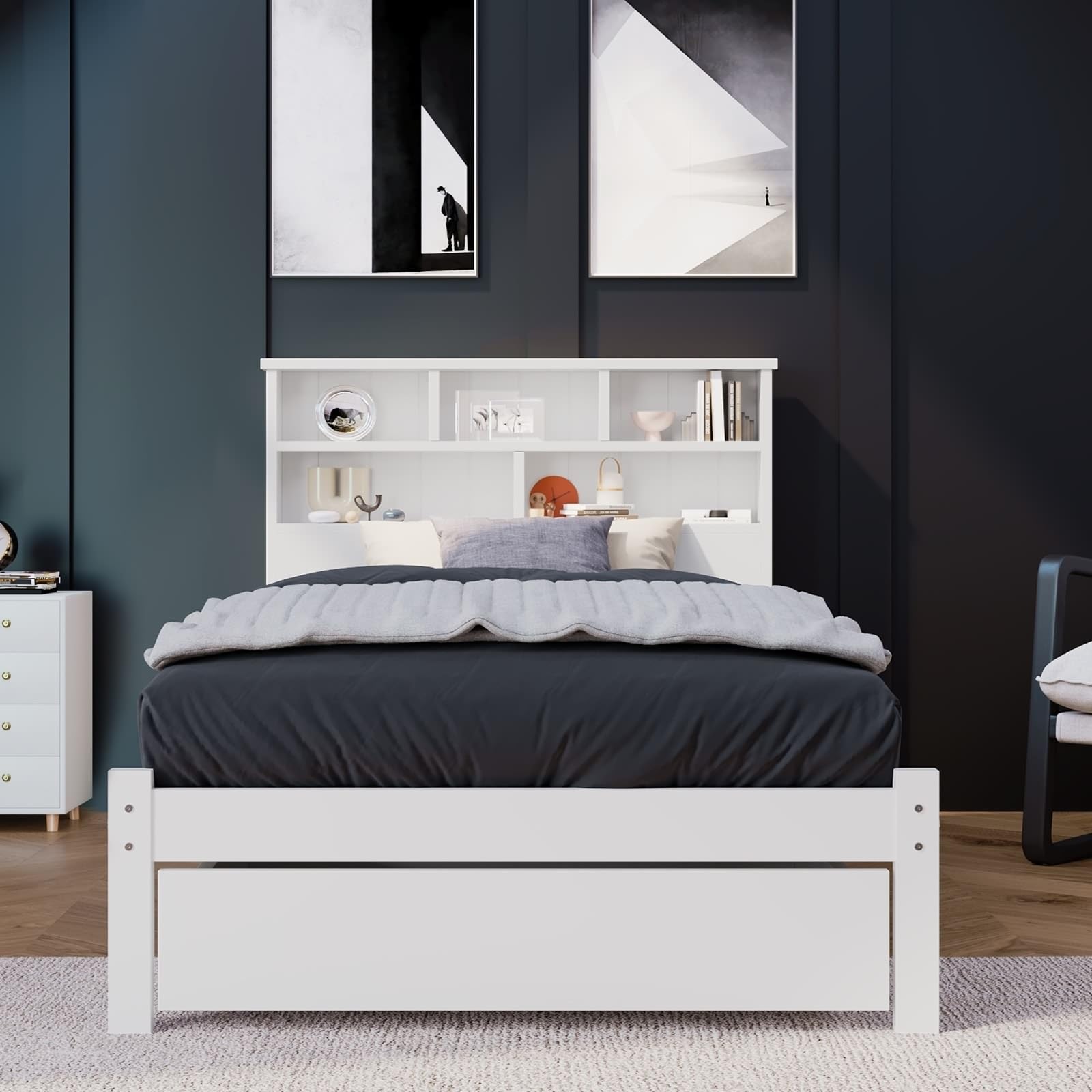 Daesar Letto Singolo 90x200, Letto In Legno Massello con Rete A Doghe, Giroletto con Cassetti e Libreria, per Adulti e Bambini, Bianco (Senza Materasso)