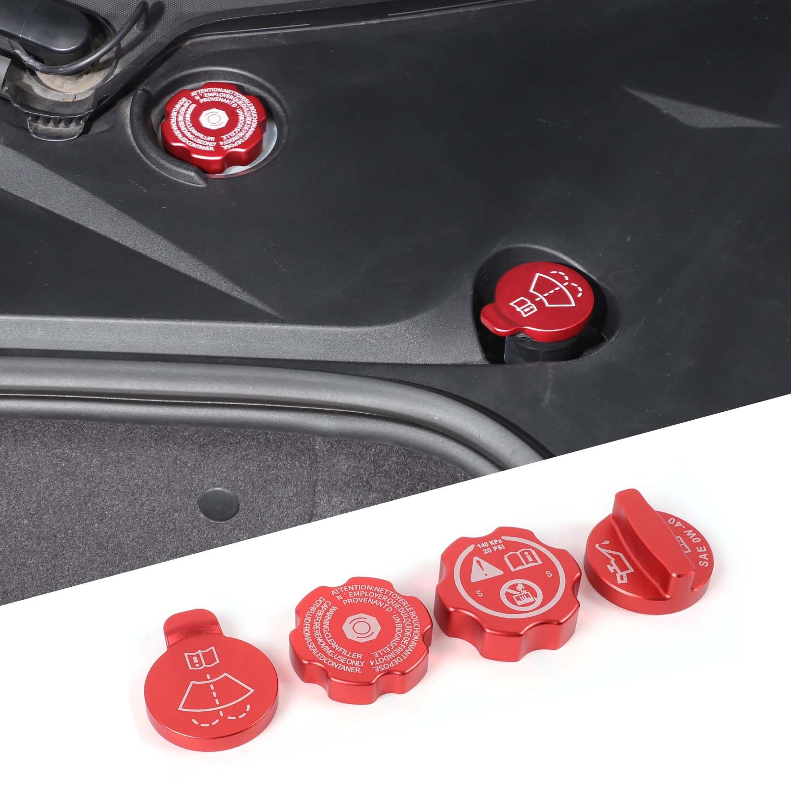 Engine Oil Filler Cap Coolant Cap Compatible with Chevrolet Corvette C8 2020-2025, Aluminium Brake Fluid Cap Windshield Wiper Switch Cover Trim Kit Accessories 4Pcs (Red)