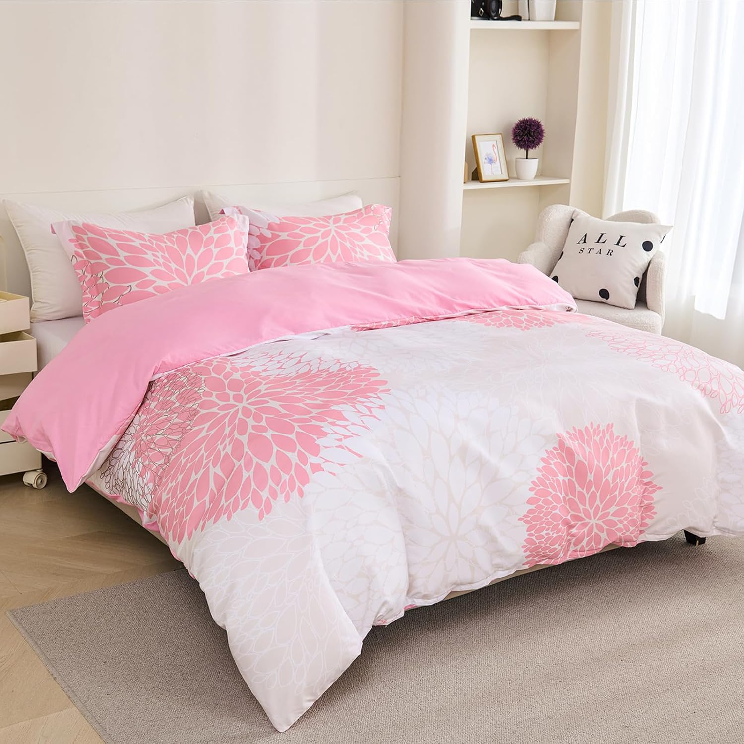 Koniroom 2 Pieces Pink Duvet Cover Twin Size, Beige Reversible Floral Duvet Cover Twin with Cute Flowers for Women Teen Girls