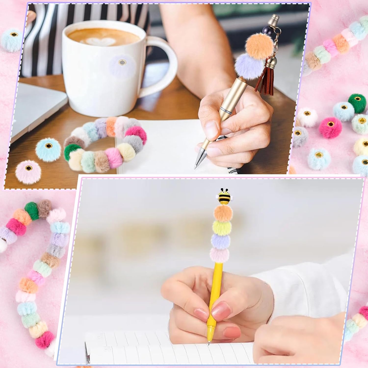 Supkiir 300Pcs Fluffy Pom Pom Beads, 15 Colors Faux Fur Pom Poms for Crafts, Bead for Beadable Pens Soft Fluffy Beads for DIY Jewelry Keychain Making and Handicrafts Accessories - Image 2
