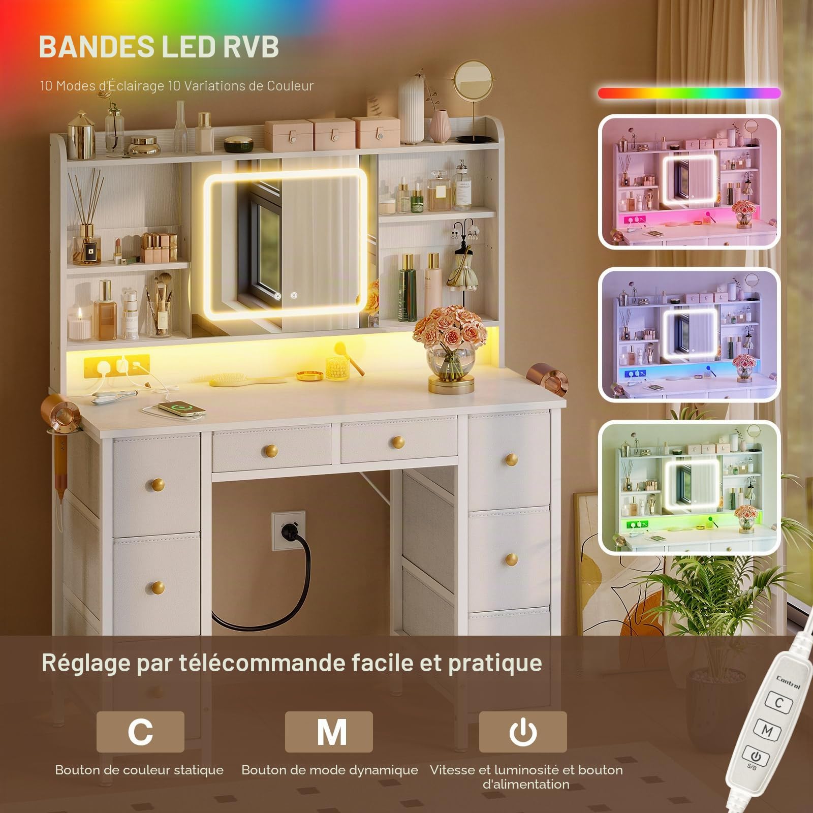 ODK Coiffeuse avec Miroir LED Mobile, 110×40×137cm Table de Toilette avec Prises USB intégrées & Bande Lumineuse RGB, Table de Maquillage avec 8 tiroirs, Bureau de Maquillage Blanc