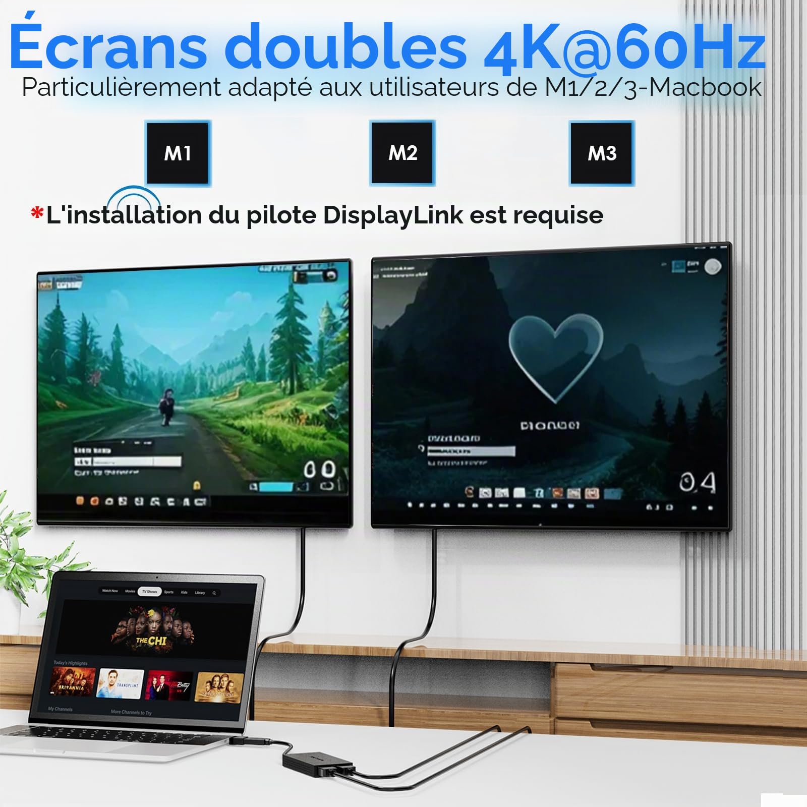 WAVLINK Adaptateur USB 3.0/C Displaylink Dual HDMI 4K 60Hz pour Double écran, Sortie USB-A/C vers HDMI 4K pour Mac M1/M2/M3 ou Windows 10/11, Compatible avec Le Nouveau MacBook Neo
