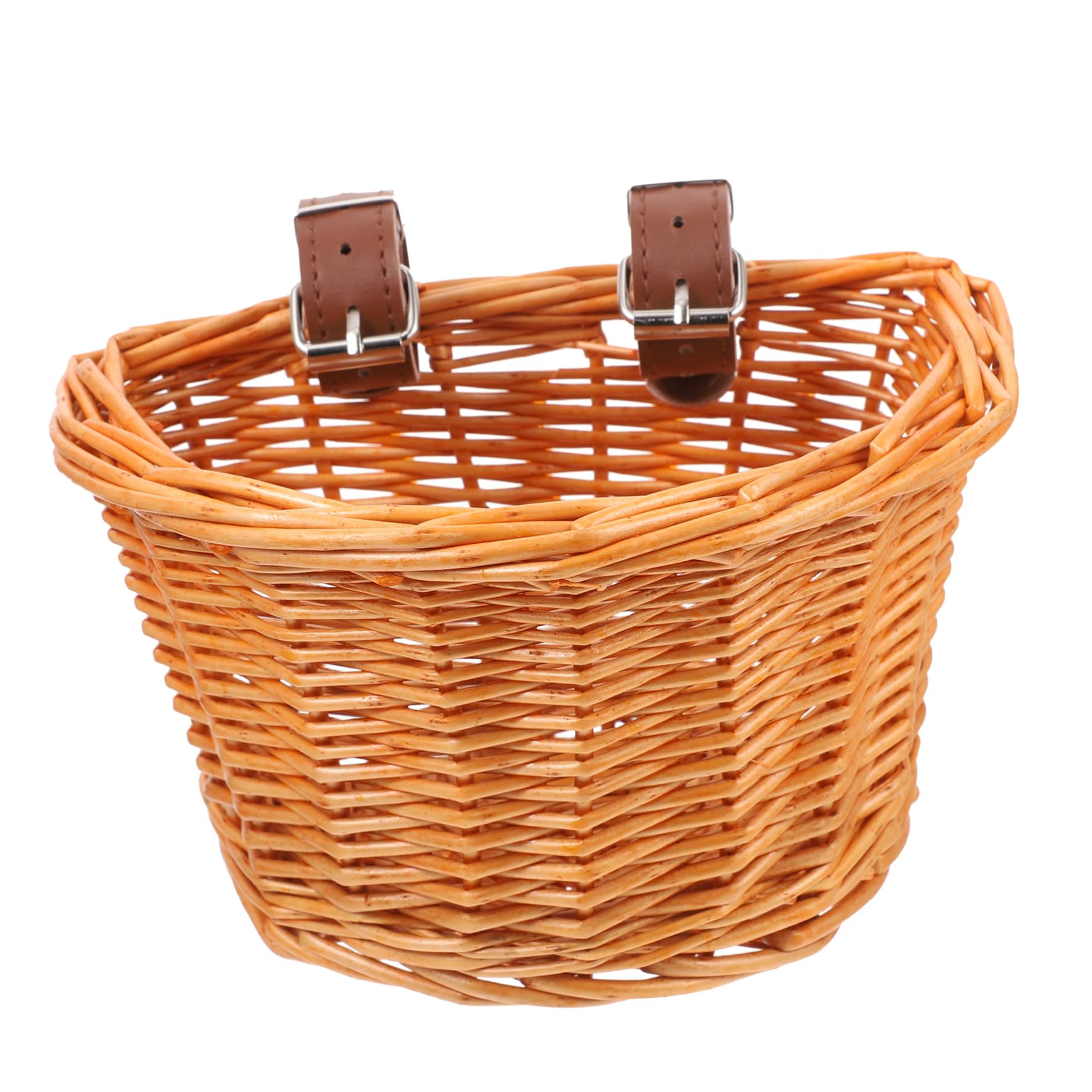 HEMOTON Detachable Front Handlebar Basket for Boy Girl D-Shaped Wicker Woven Bike Storage Container Handmade Natural Willow Easy to Attach for Outdoor Cycling