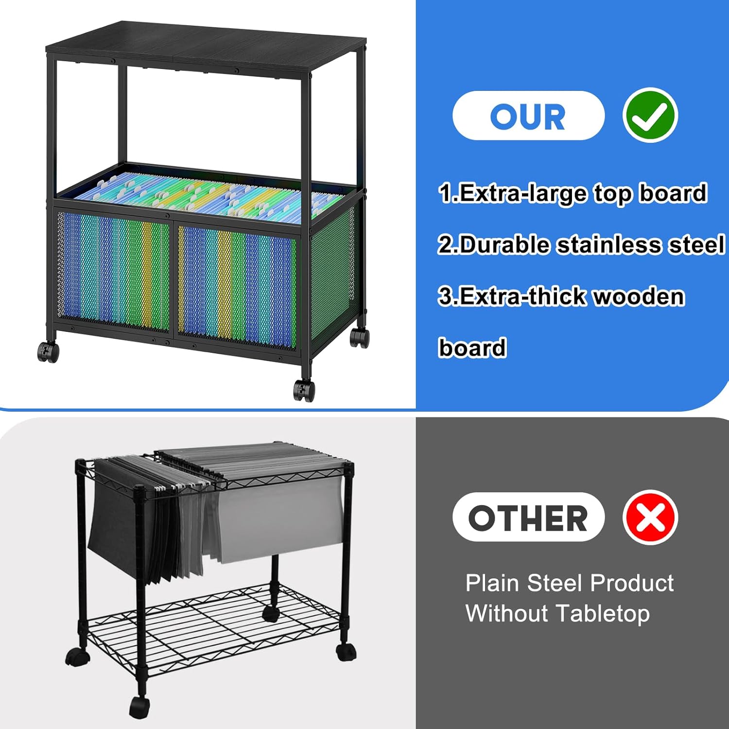 Lateral File Cabinets Rolling File Cart, Mobile Hanging File Cabinet with Wheels, Printer Stand File Organizer File Cabinet for Home Office, Black