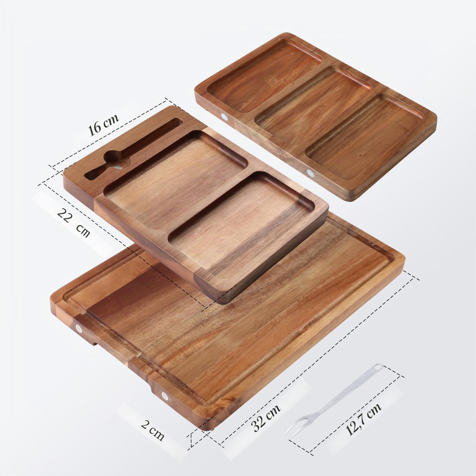 hecef Set de Plateau Aperitif, 8 Pièces Planche Charcuterie Set-Plateau Fromage Bois d'acacia avec 2 plateau aperitif, 4 fourchettes à dessert et 1 sac de transport, Cadeau pour Crémaillère et Noel