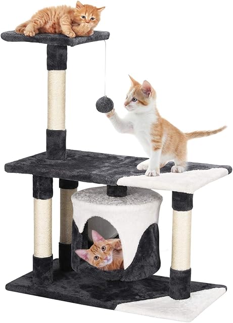 Yaheetech 90cm Cat Tree Cat Scratching Posts Cat Tower with Plush Perch/Jumping Platform Cat Activity Centre for Indoor Cats, Dark Grey/White