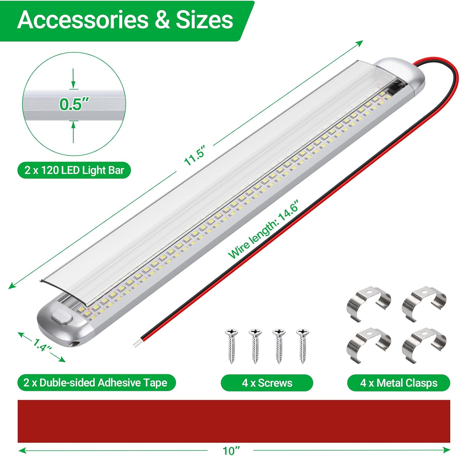 Aaleds 12v LED Interior Light Bar, 120LEDs 1500LM 8W, DC 12v Volt led Strip Lights with ON/OFF Switch, RV Lights for Enclosed Cargo Trailer, RV, Van, Truck, Lorry Camper, Boat, Caravan Motorhome(2Pcs)