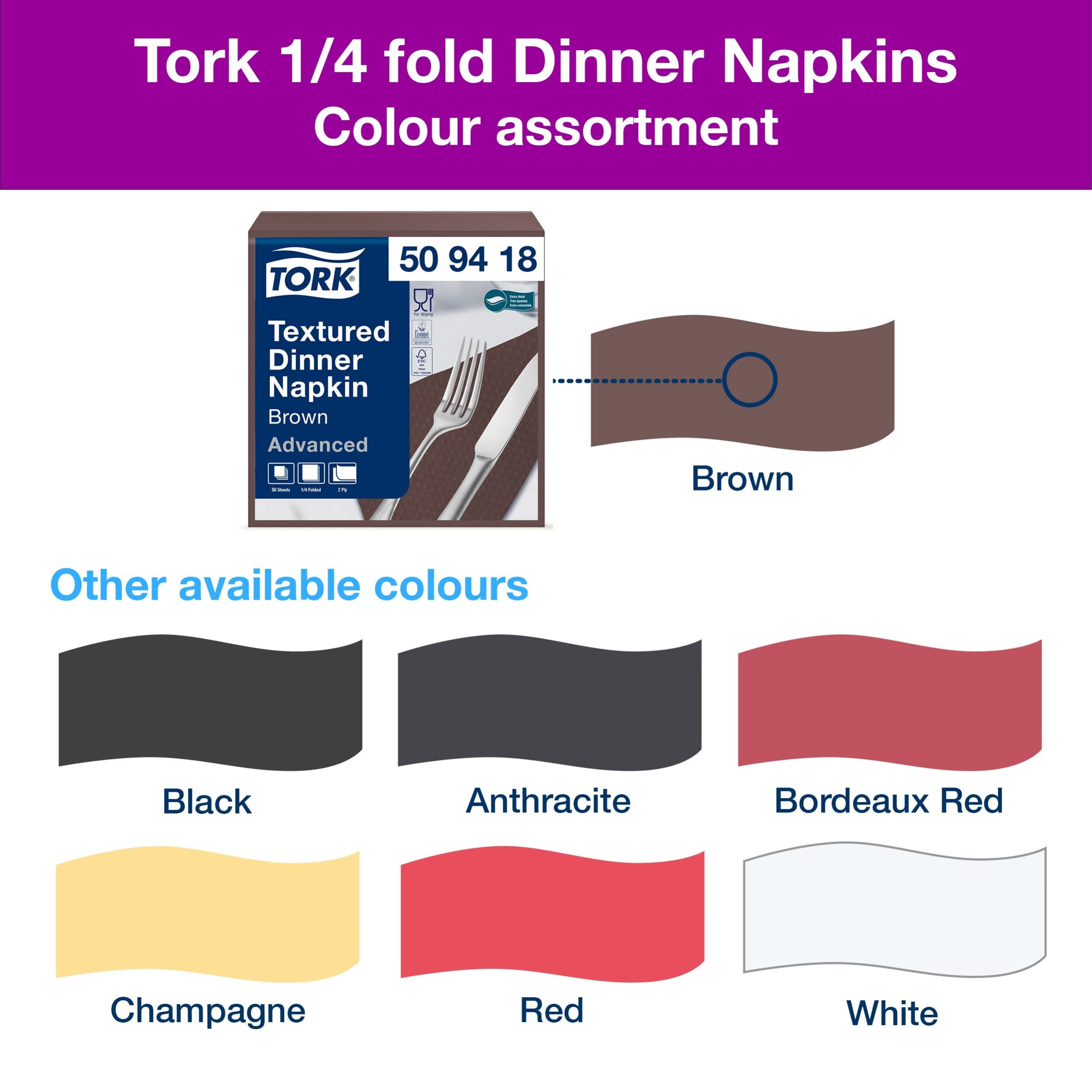 Tork 509418 - Dinner Servilleta de papel gofrado para cena, 2 capas, 18 paquetes x 50 unidades (900 servilletas), pliegue 1/4, 38 cm x 39 cm, color marrón